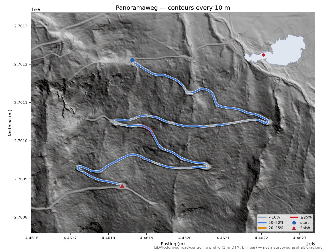 Panoramaweg LiDAR hillshade map with contours