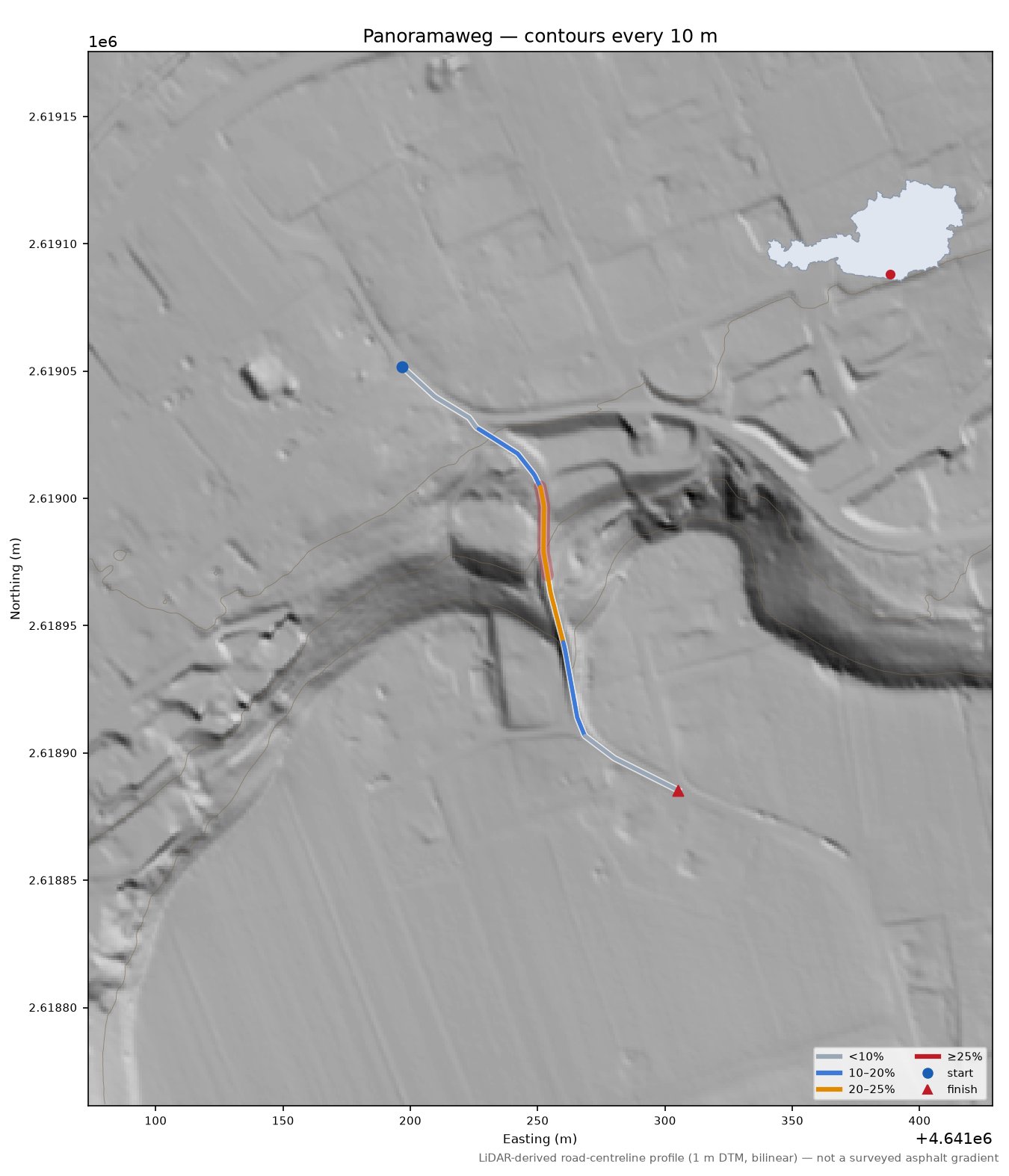 Panoramaweg LiDAR hillshade map with contours