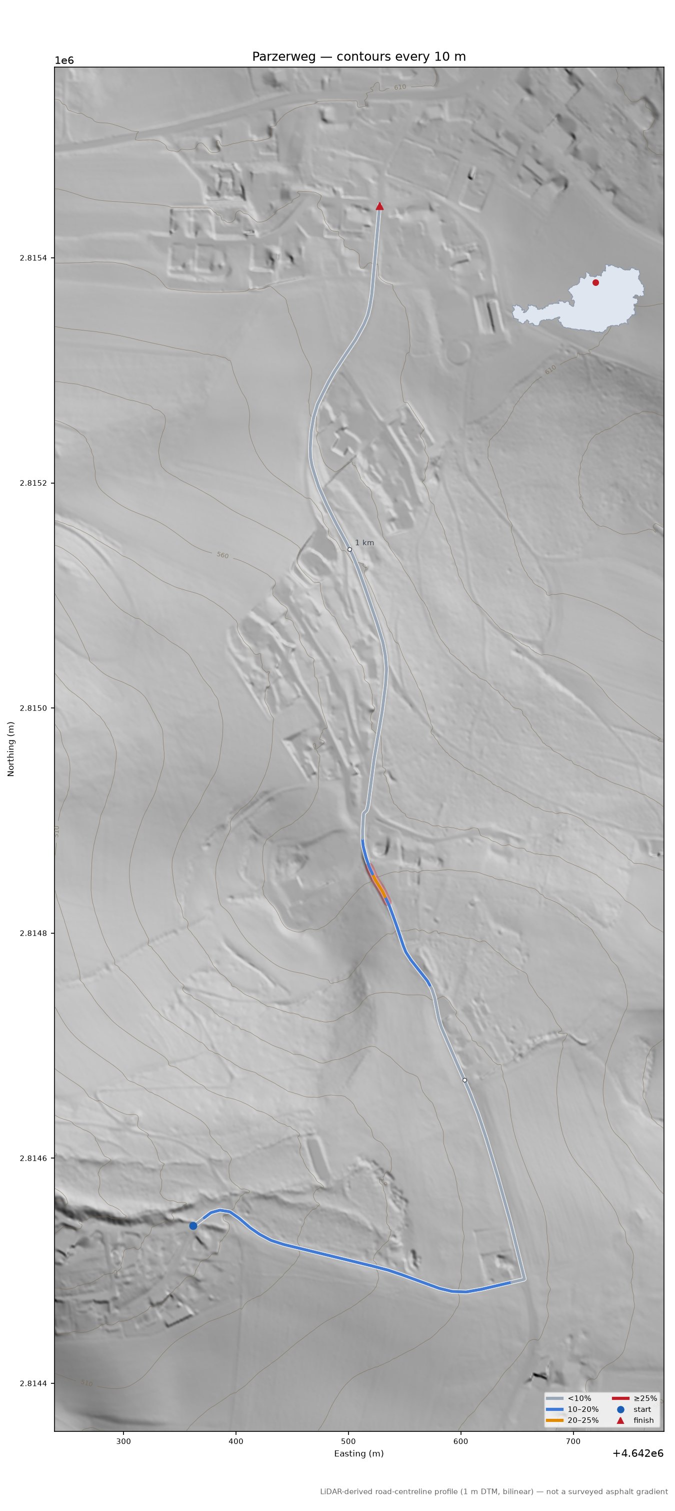 Parzerweg LiDAR hillshade map with contours