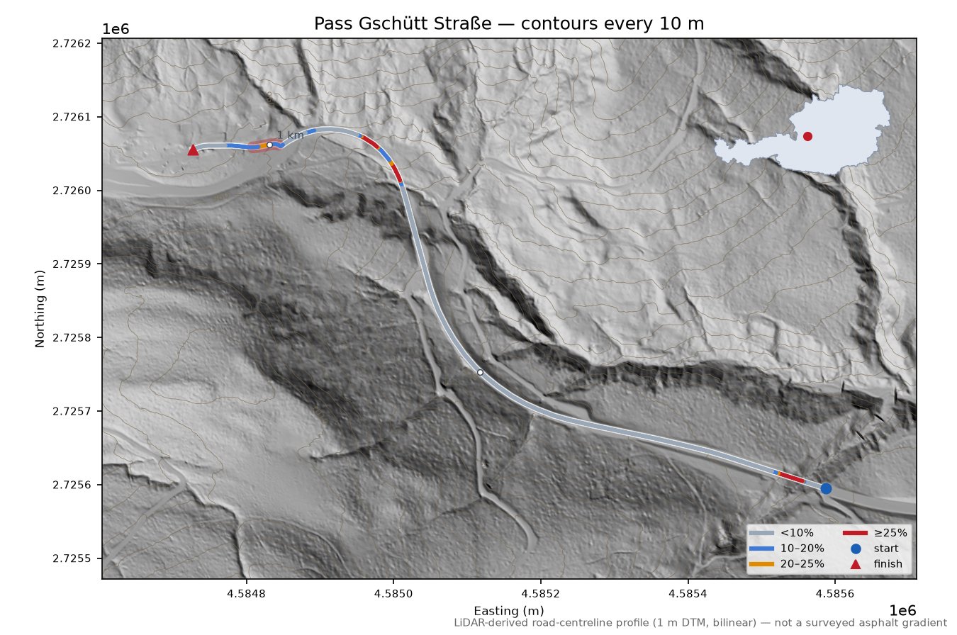Pass Gschütt Straße LiDAR hillshade map with contours