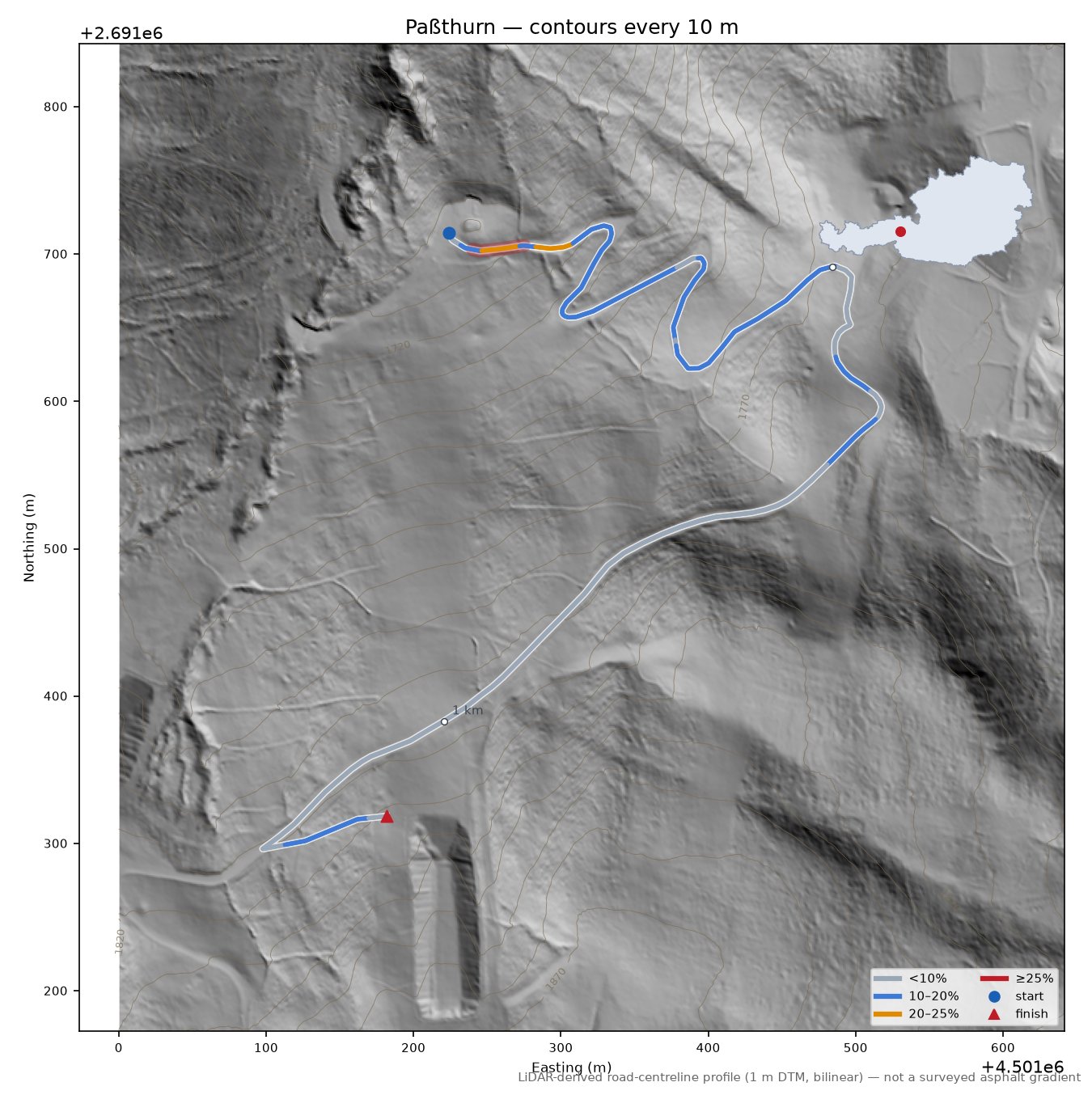 Paßthurn LiDAR hillshade map with contours