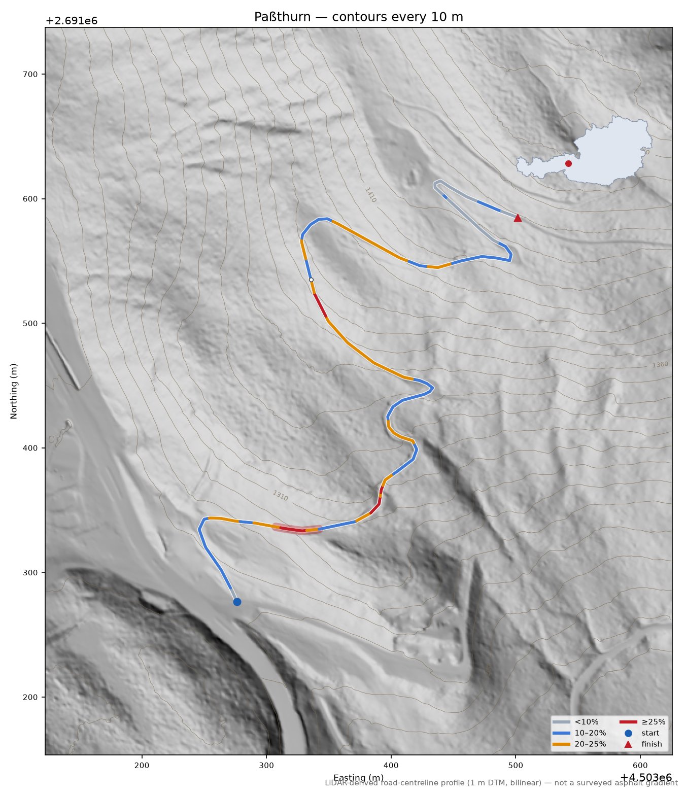 Paßthurn LiDAR hillshade map with contours