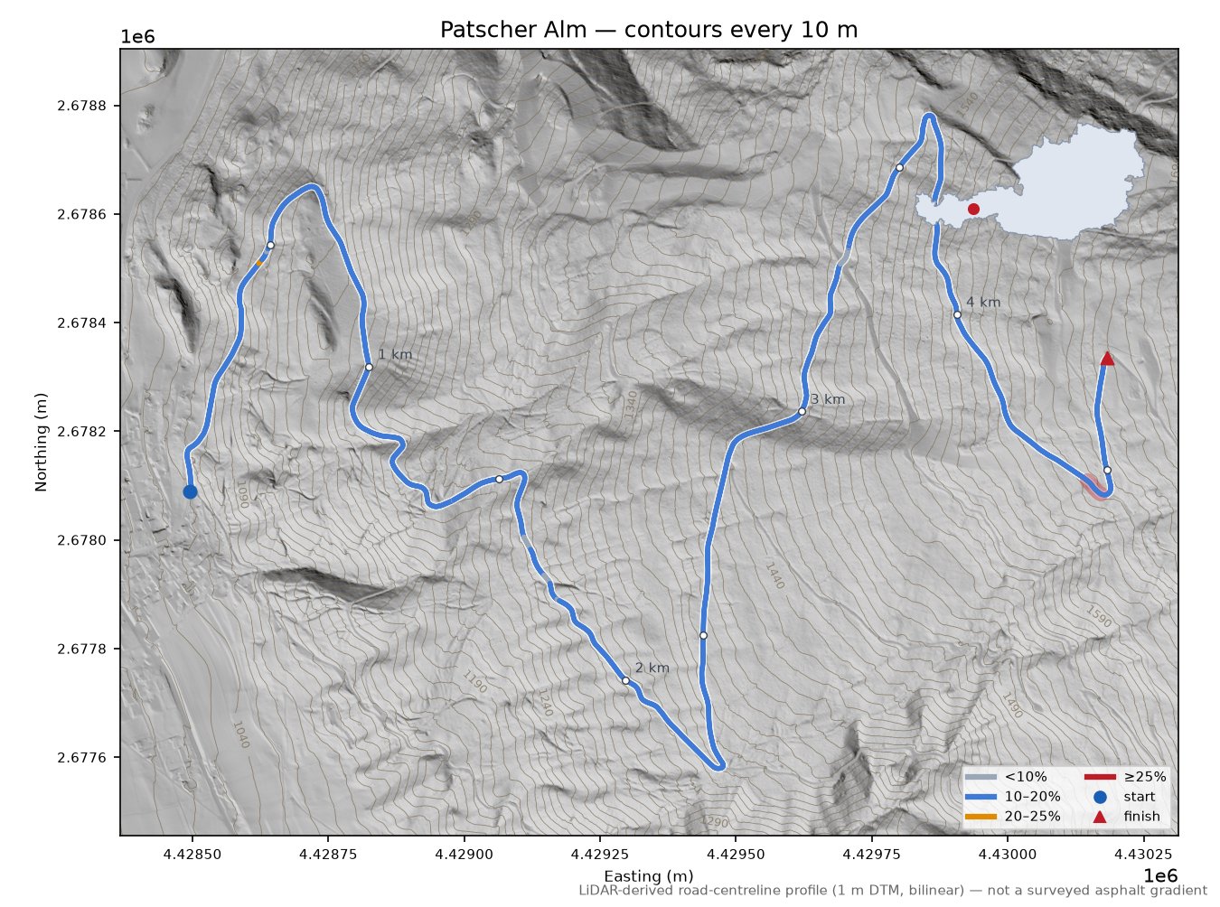 Patscher Alm LiDAR hillshade map with contours