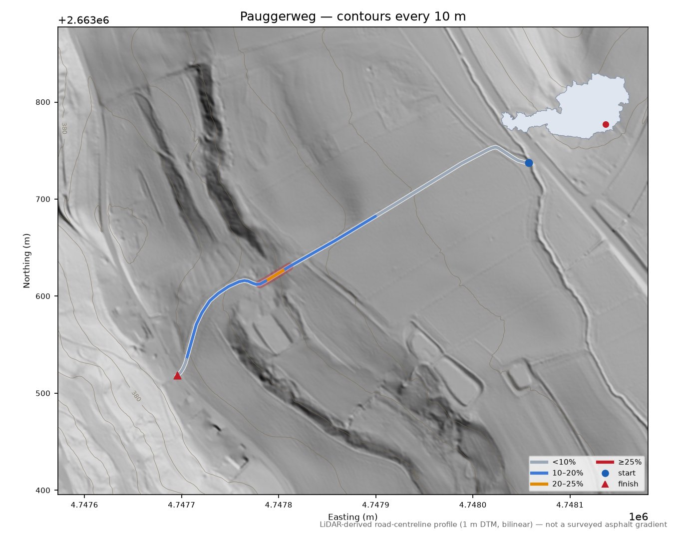 Pauggerweg LiDAR hillshade map with contours