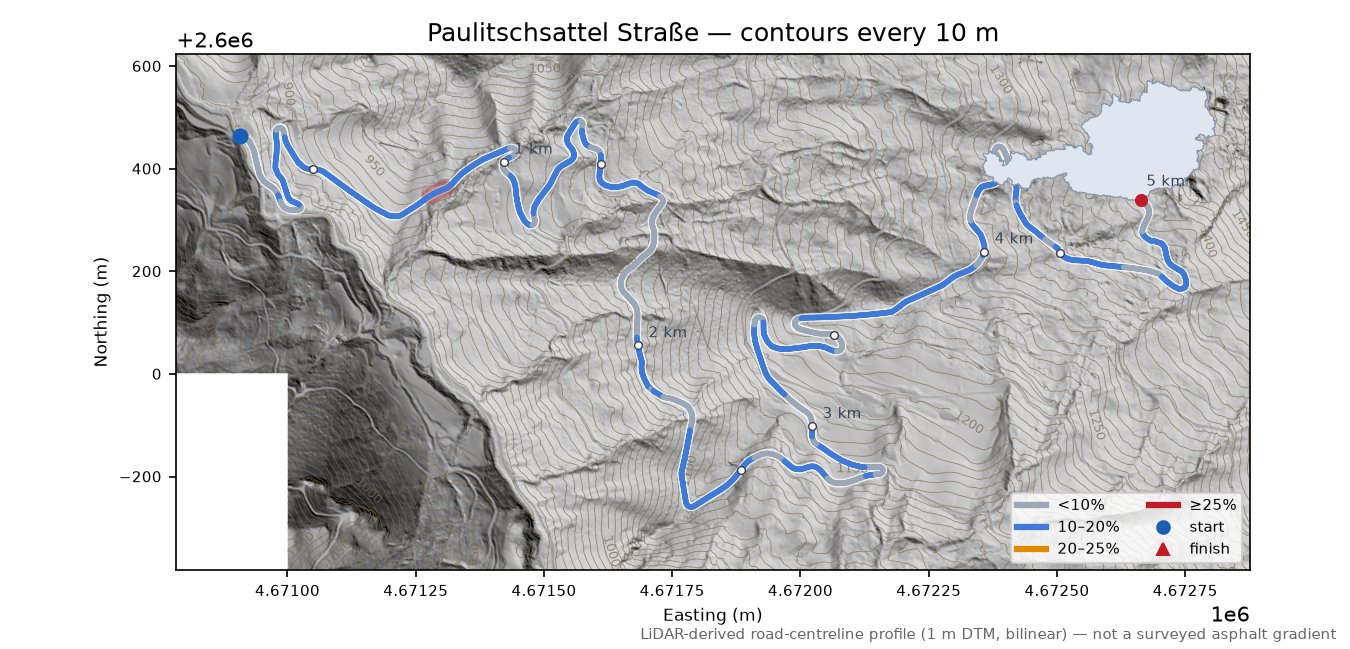 Paulitschsattel Straße LiDAR hillshade map with contours