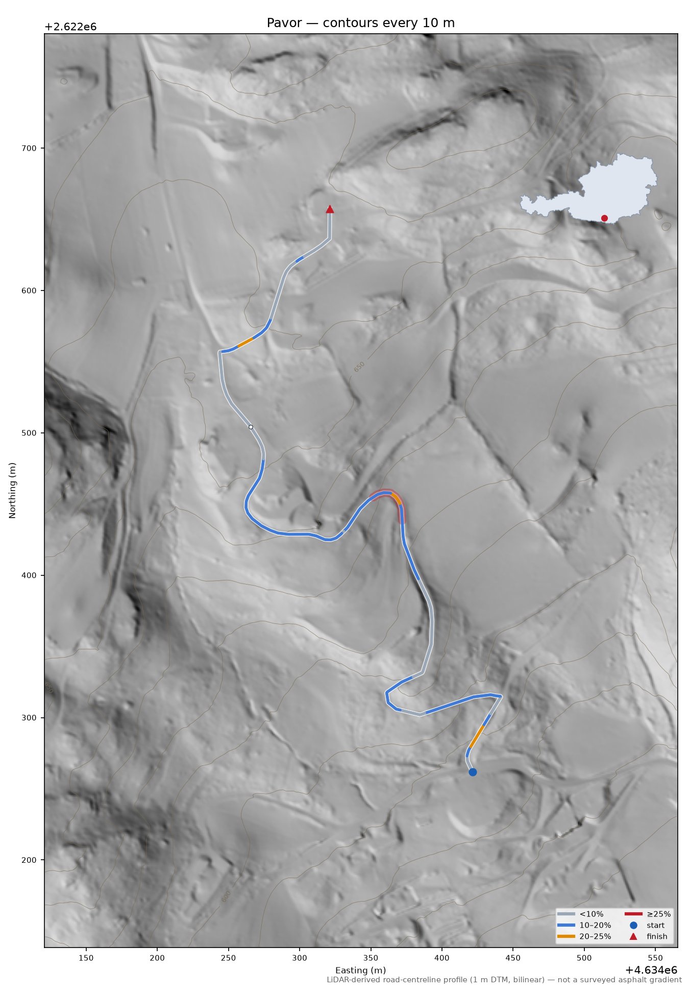 Pavor LiDAR hillshade map with contours