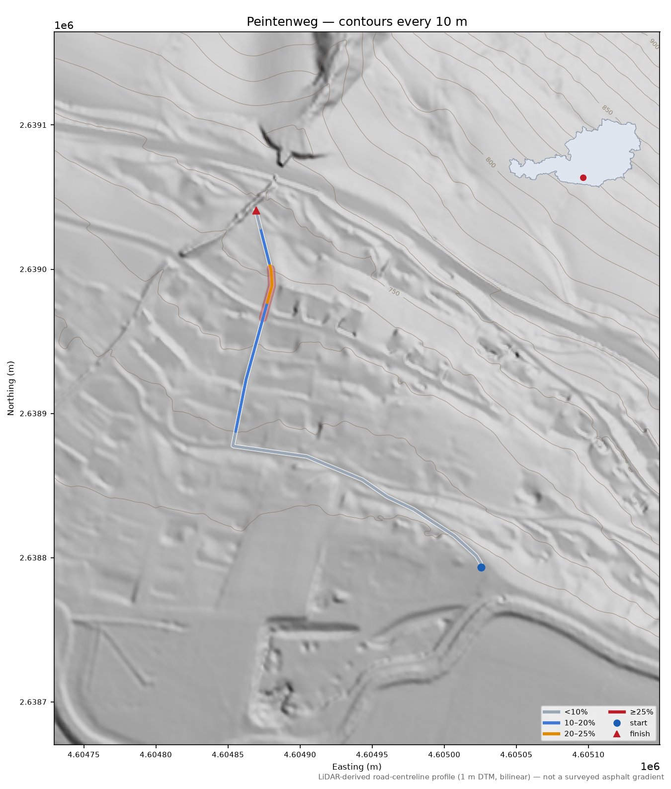 Peintenweg LiDAR hillshade map with contours