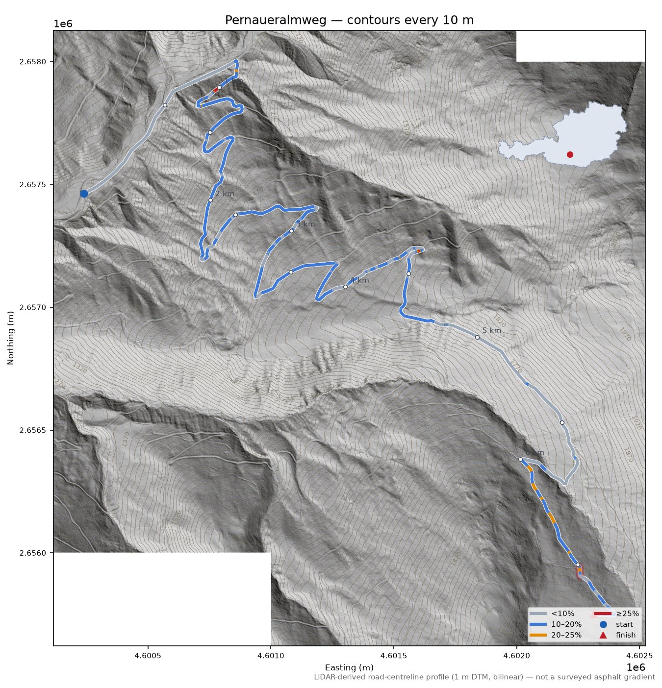 Pernaueralmweg LiDAR hillshade map with contours