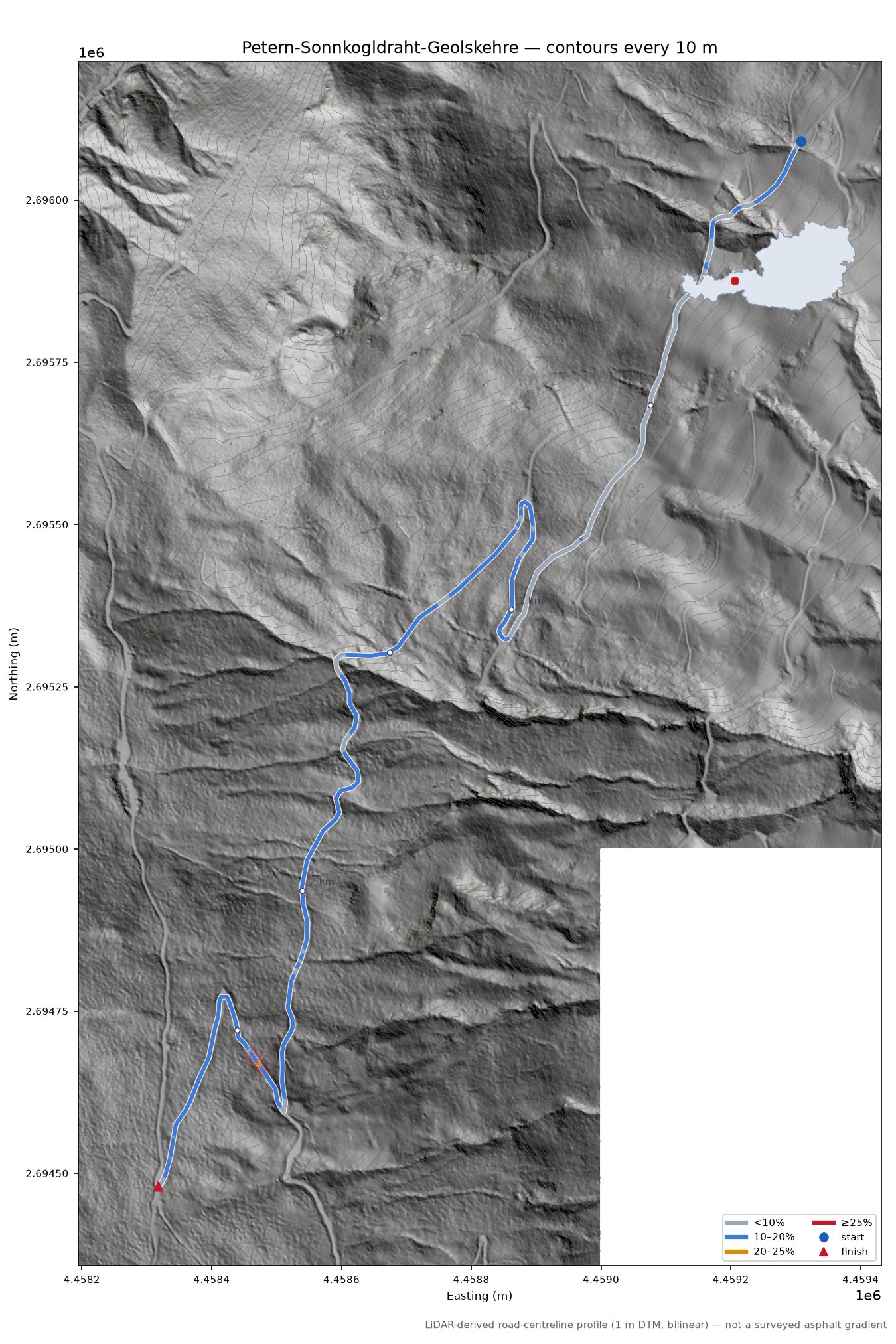 Petern-Sonnkogldraht-Geolskehre LiDAR hillshade map with contours