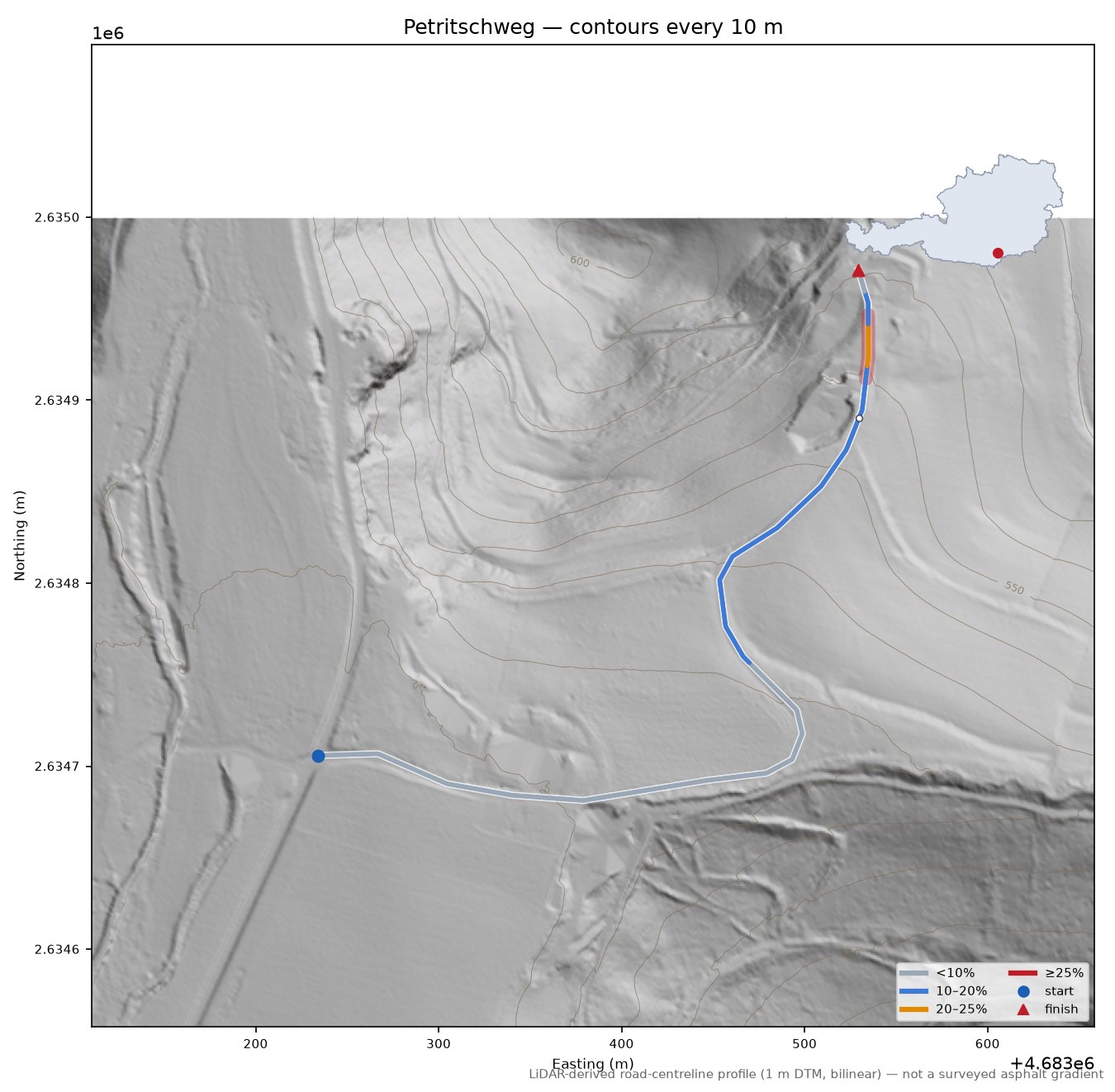 Petritschweg LiDAR hillshade map with contours