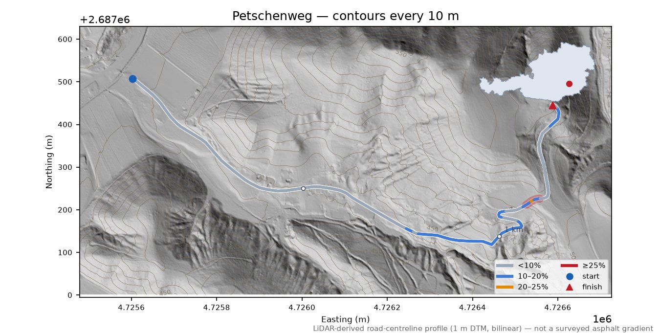Petschenweg LiDAR hillshade map with contours