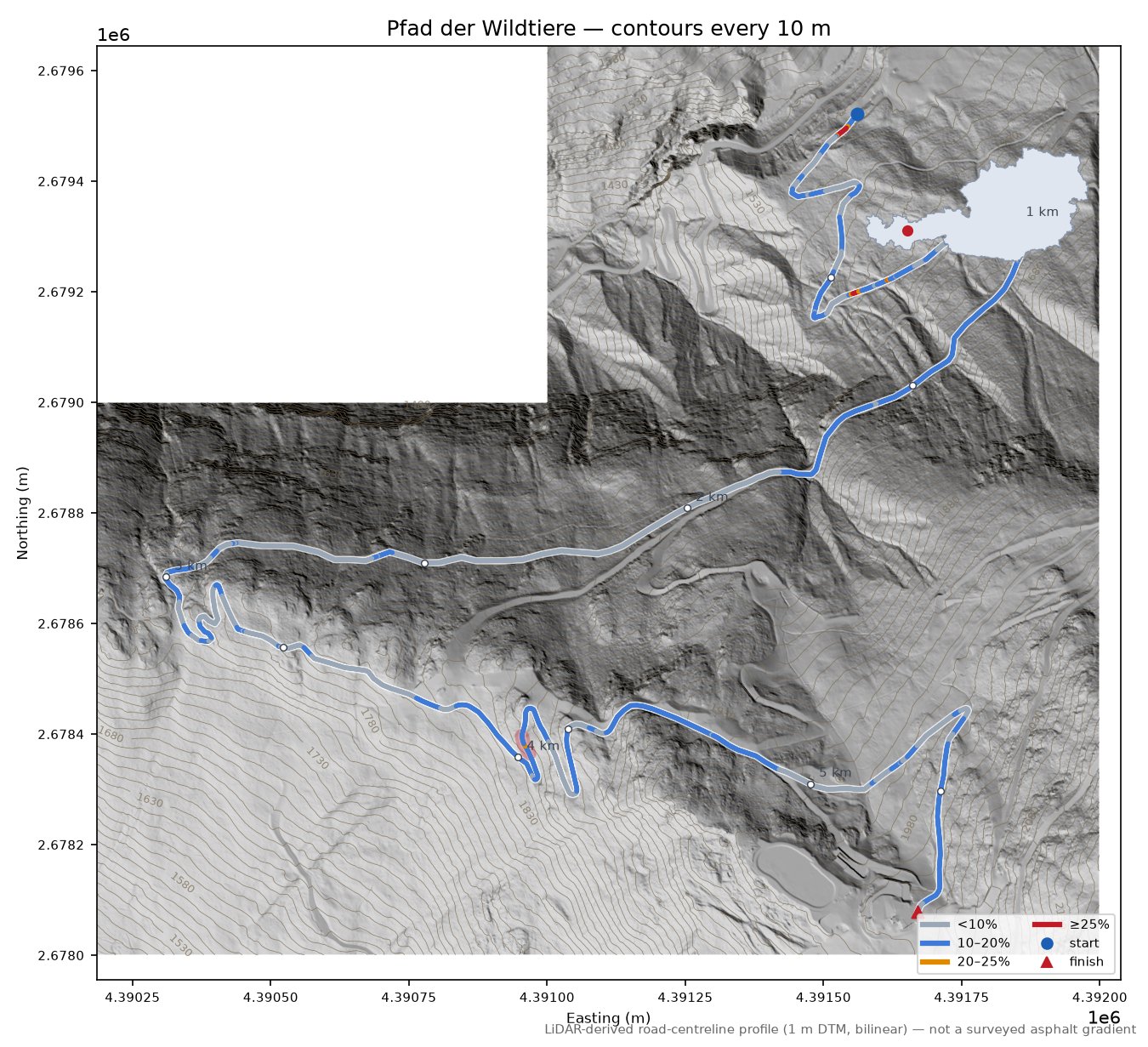 Pfad der Wildtiere LiDAR hillshade map with contours