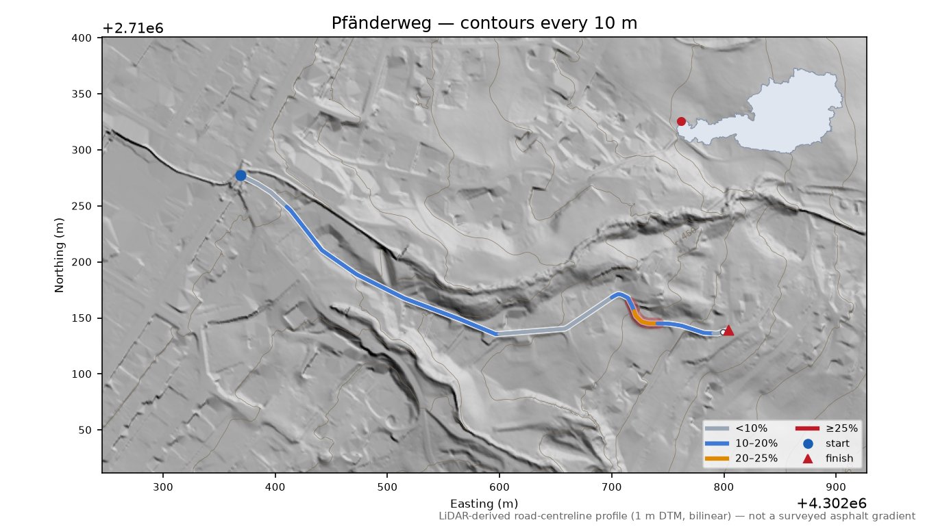 Pfänderweg LiDAR hillshade map with contours