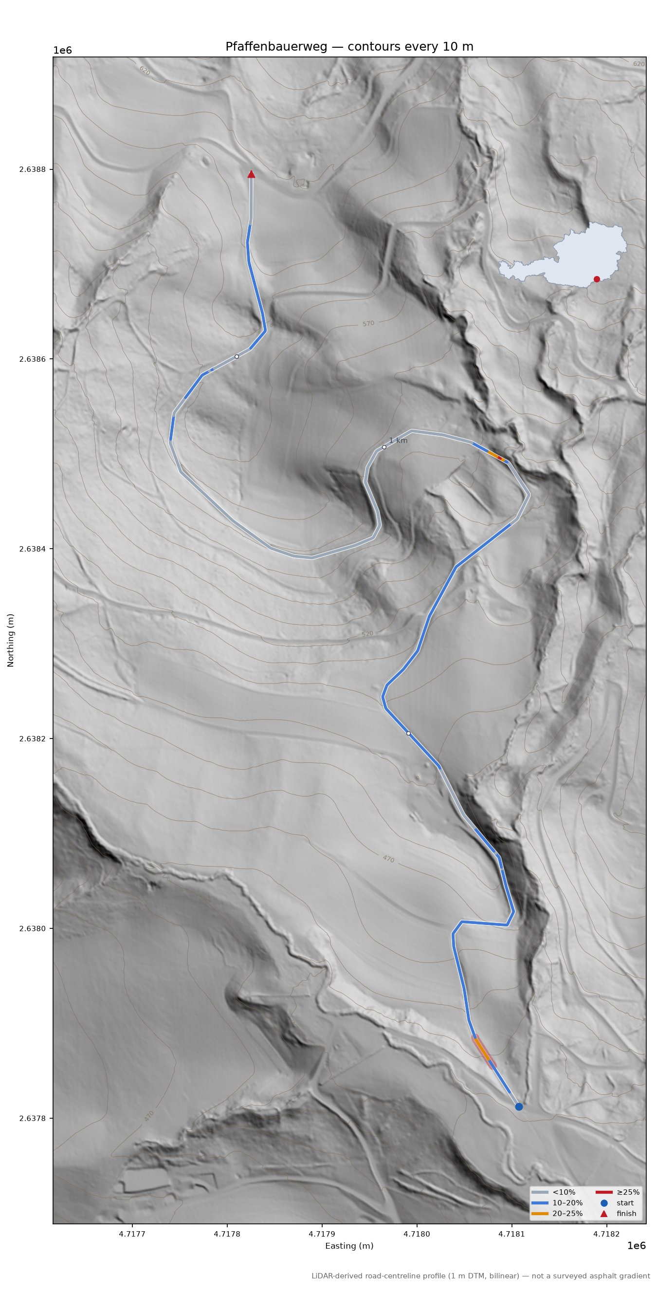 Pfaffenbauerweg LiDAR hillshade map with contours