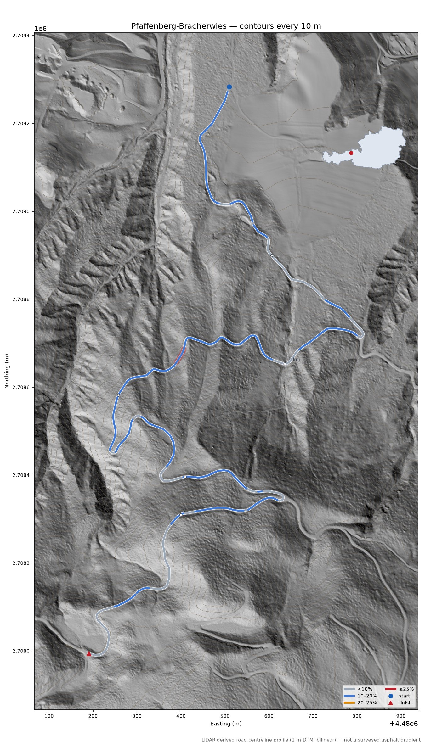 Pfaffenberg-Bracherwies LiDAR hillshade map with contours