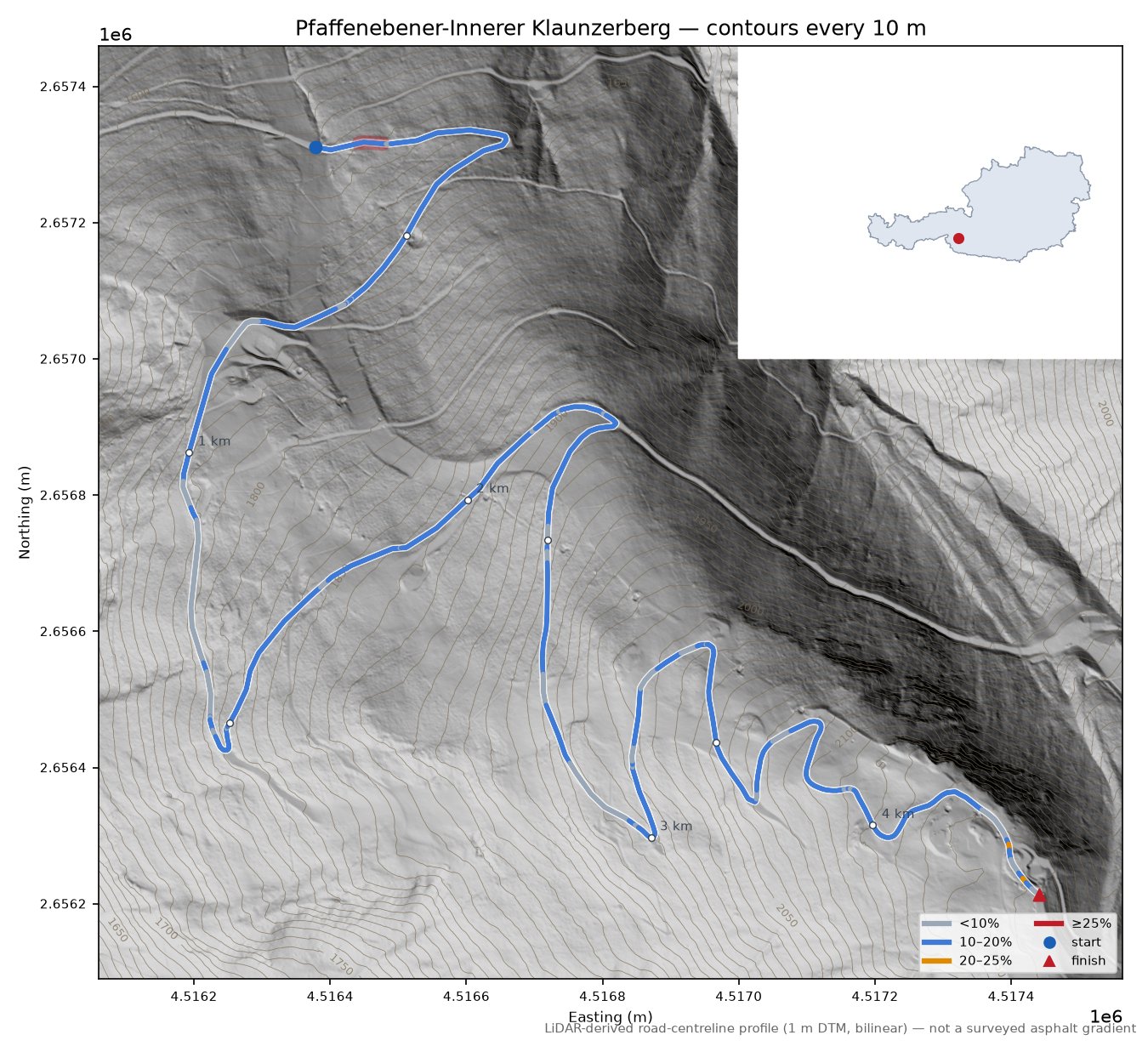Pfaffenebener-Innerer Klaunzerberg LiDAR hillshade map with contours