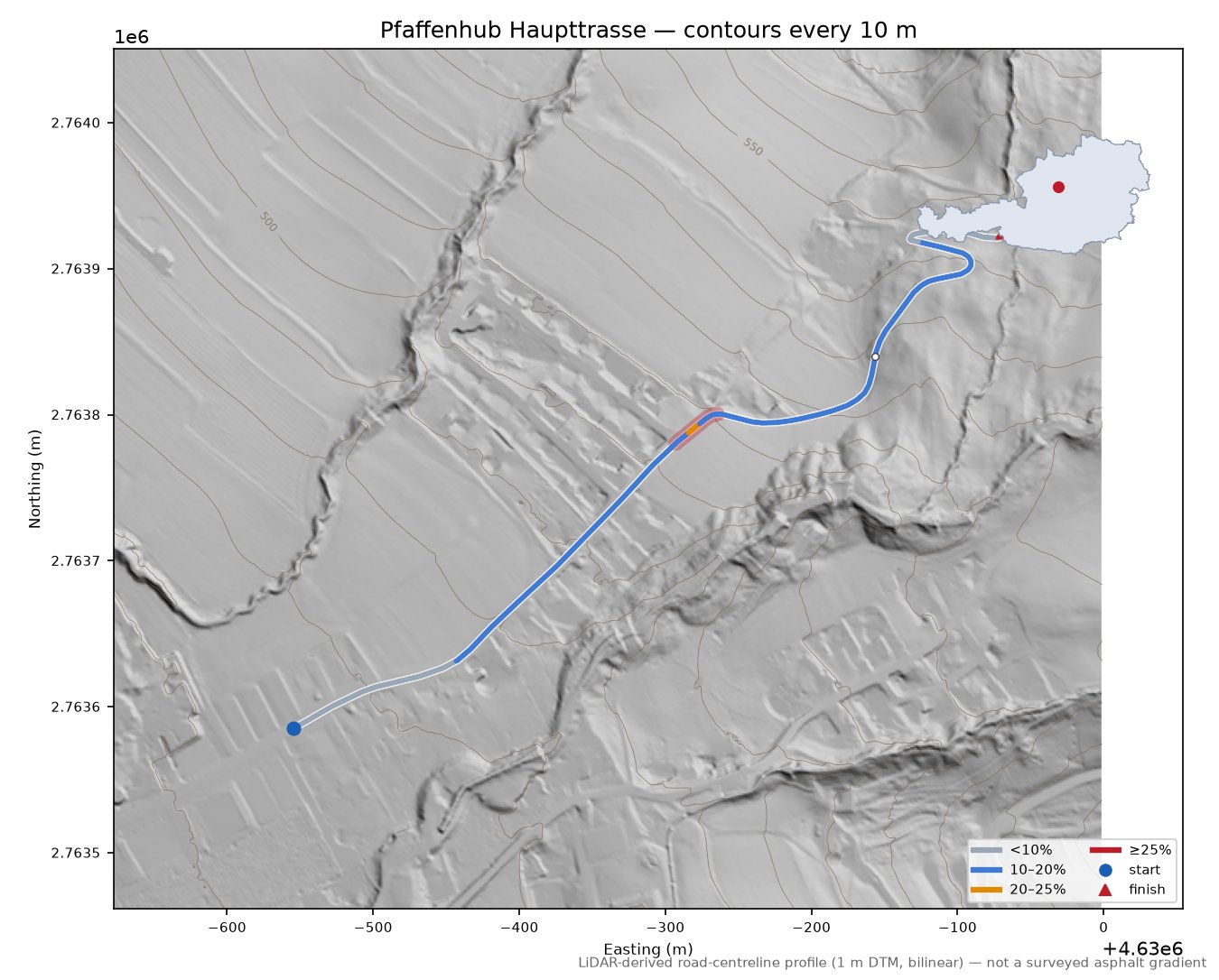 Pfaffenhub Haupttrasse LiDAR hillshade map with contours