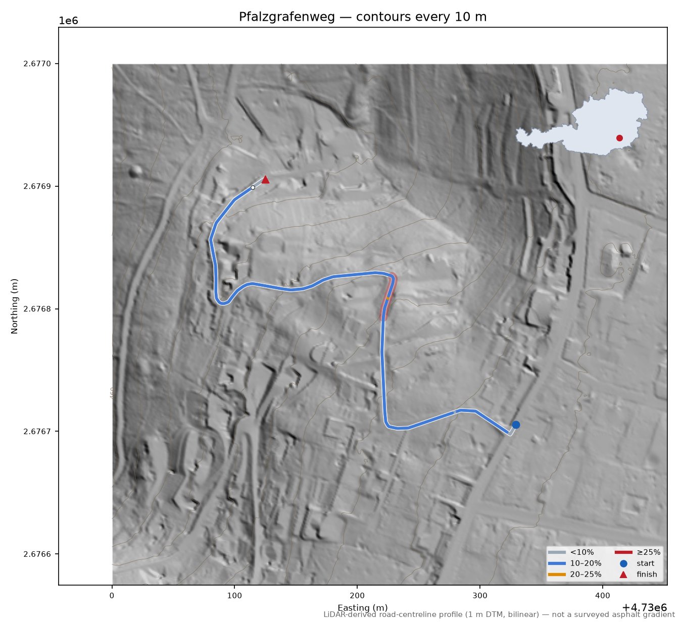 Pfalzgrafenweg LiDAR hillshade map with contours