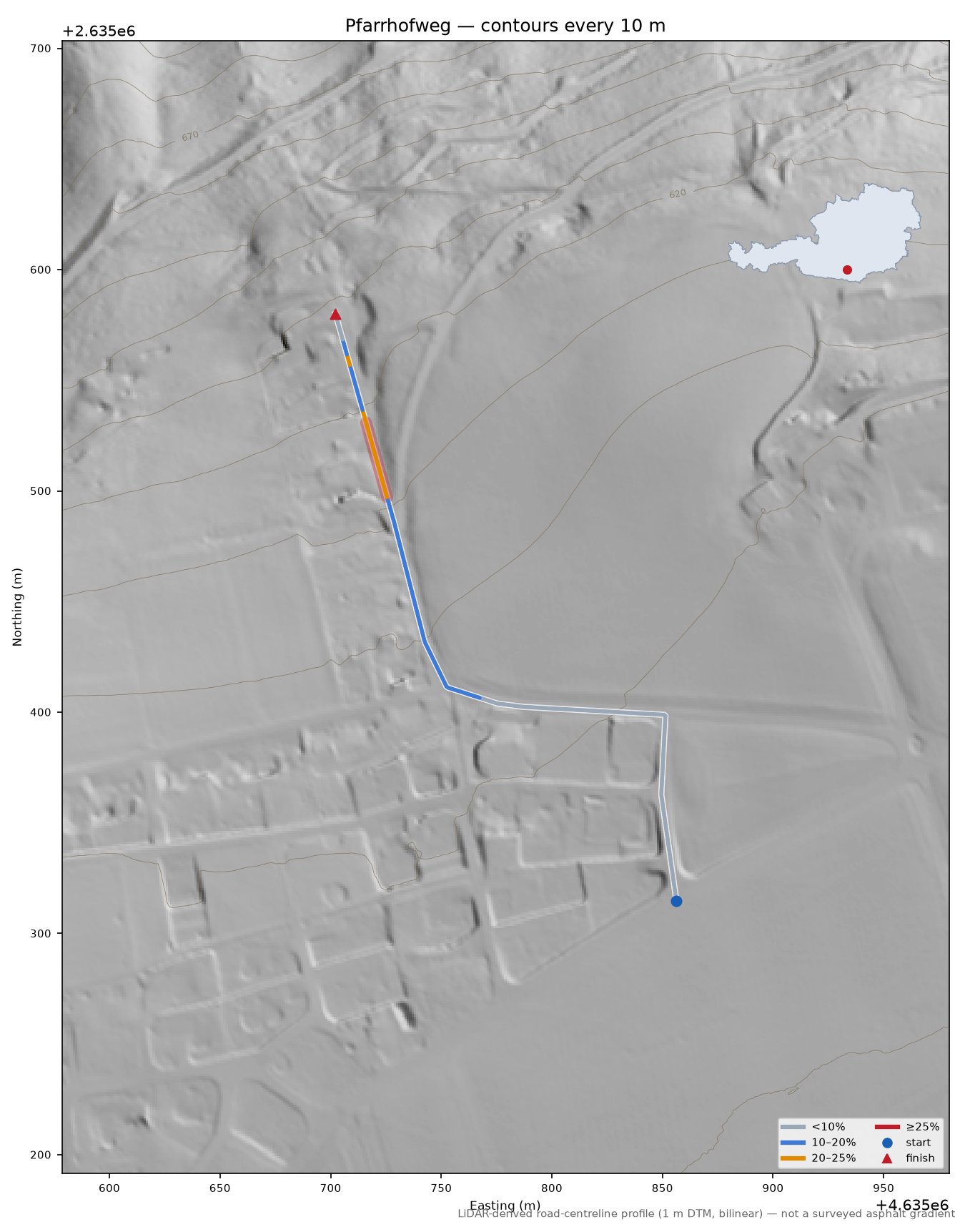 Pfarrhofweg LiDAR hillshade map with contours