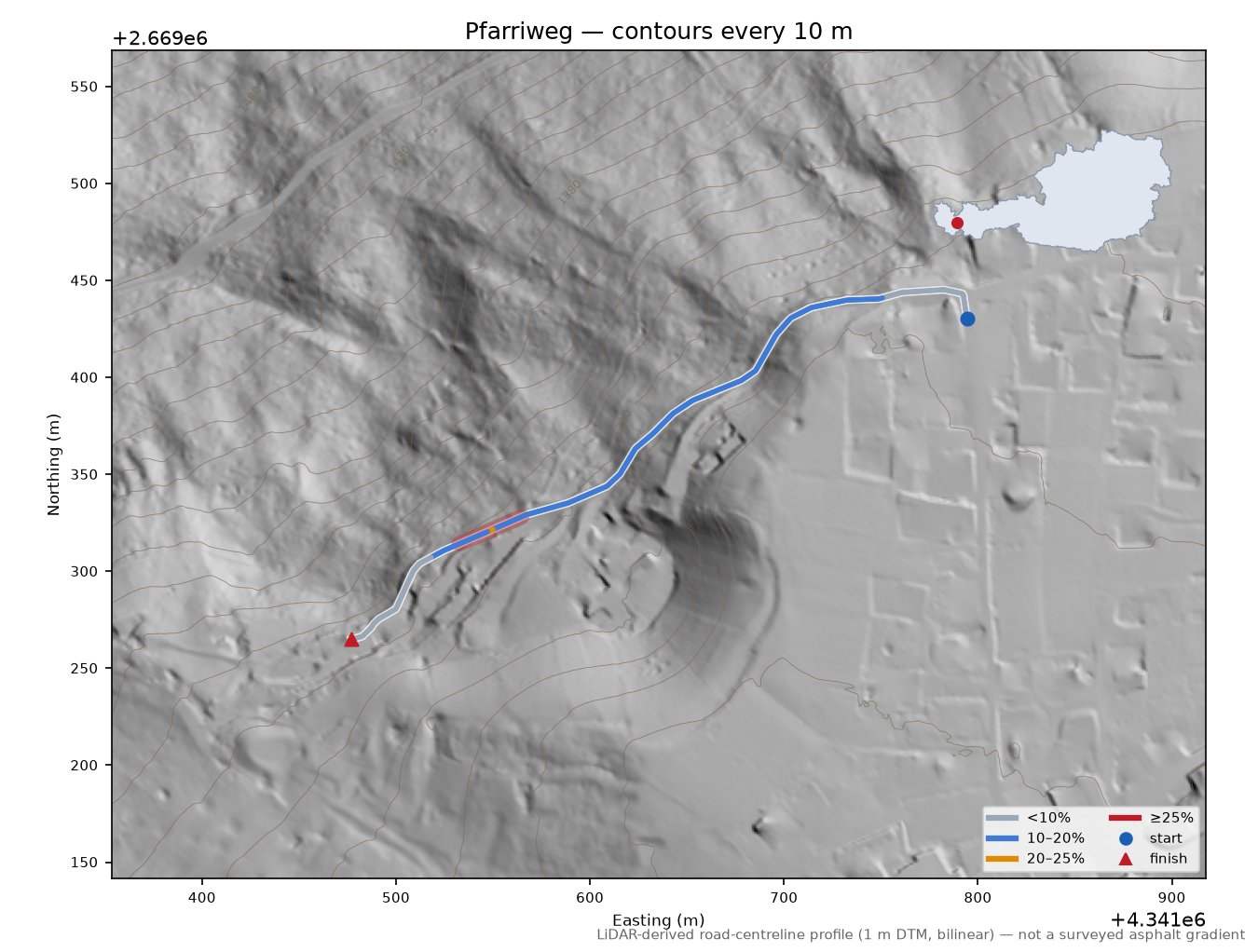 Pfarriweg LiDAR hillshade map with contours