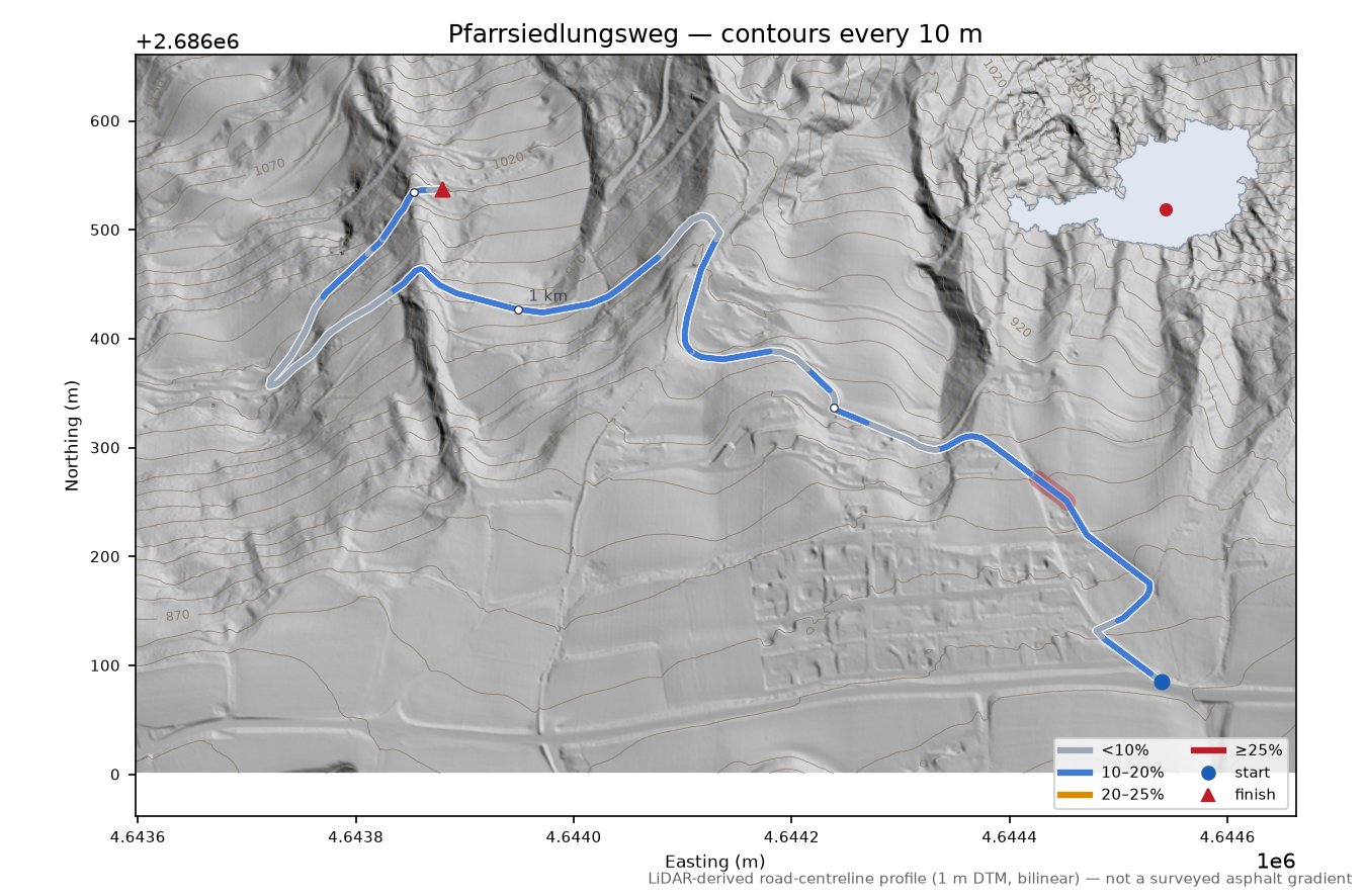 Pfarrsiedlungsweg LiDAR hillshade map with contours