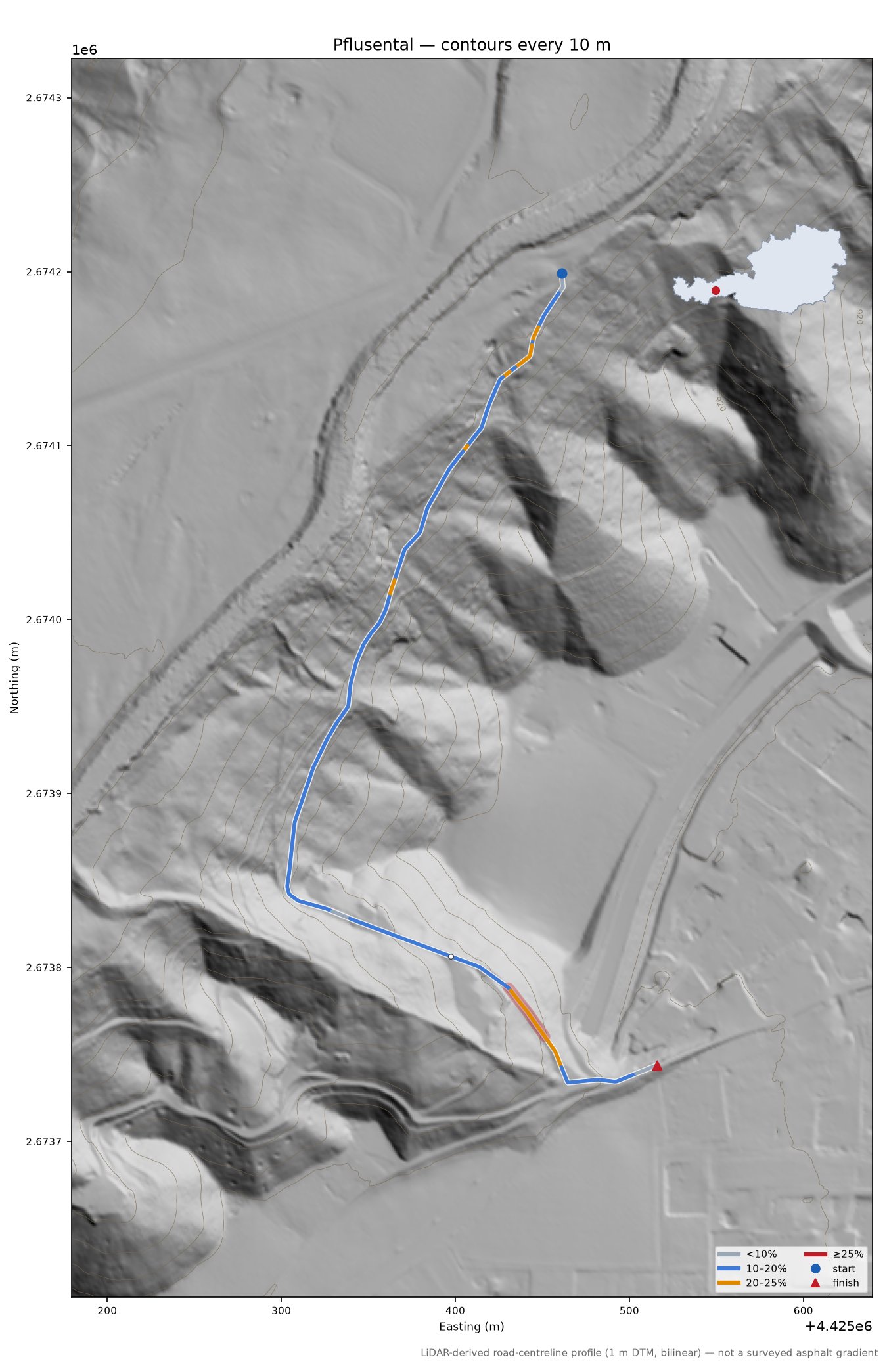Pflusental LiDAR hillshade map with contours