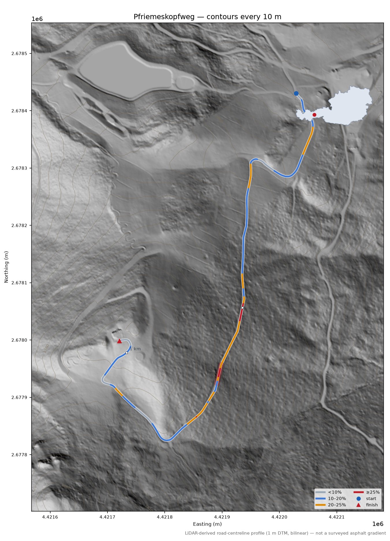 Pfriemeskopfweg LiDAR hillshade map with contours