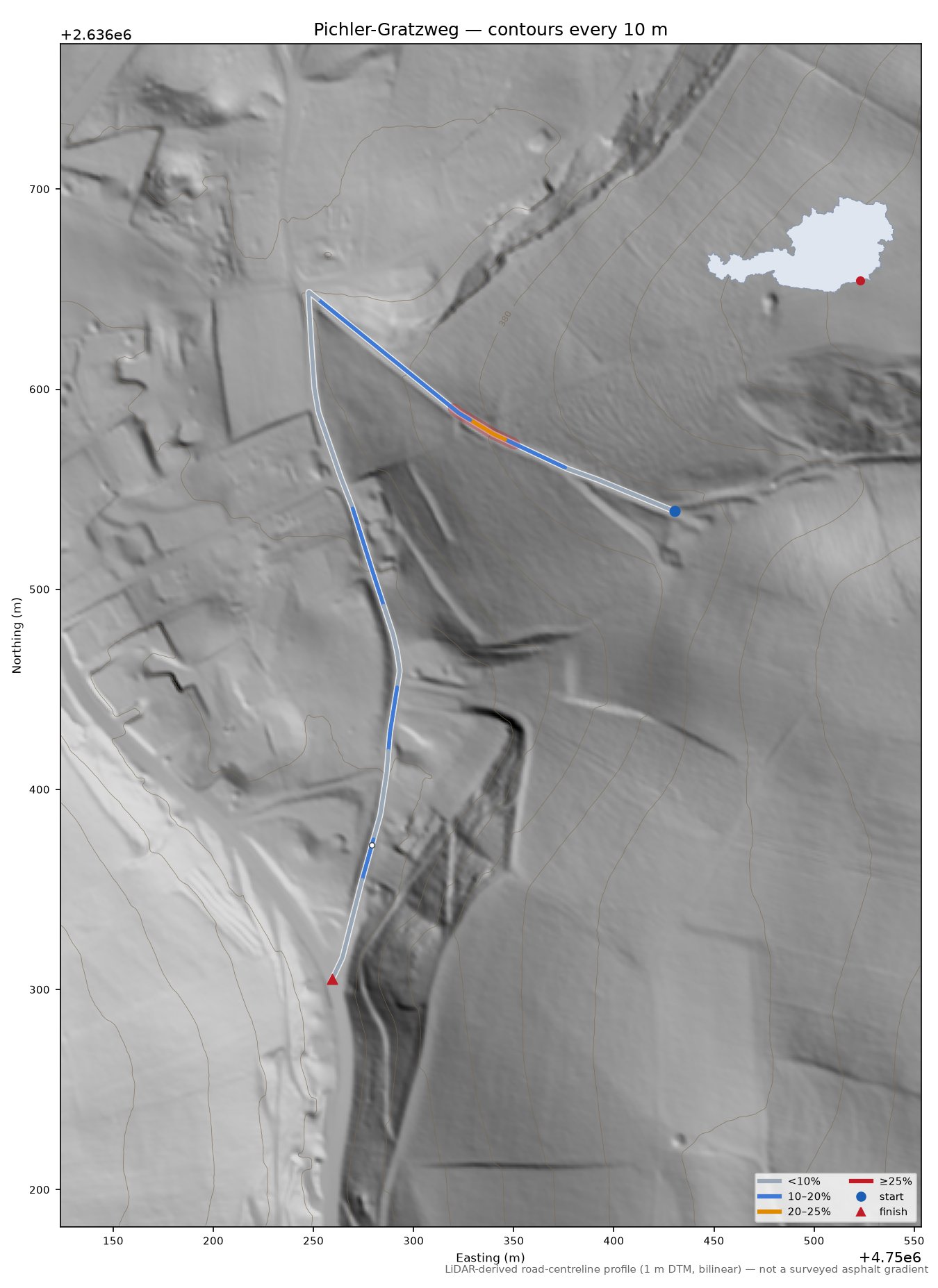 Pichler-Gratzweg LiDAR hillshade map with contours