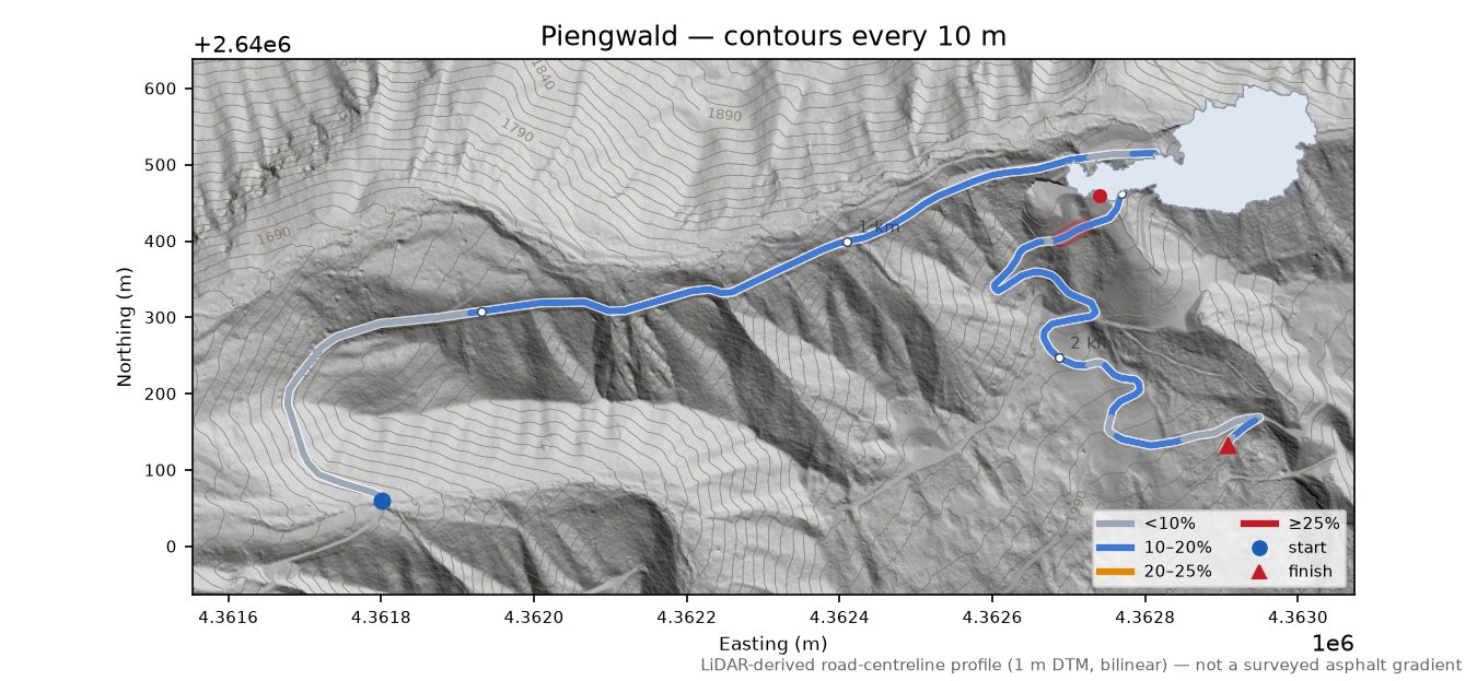 Piengwald LiDAR hillshade map with contours