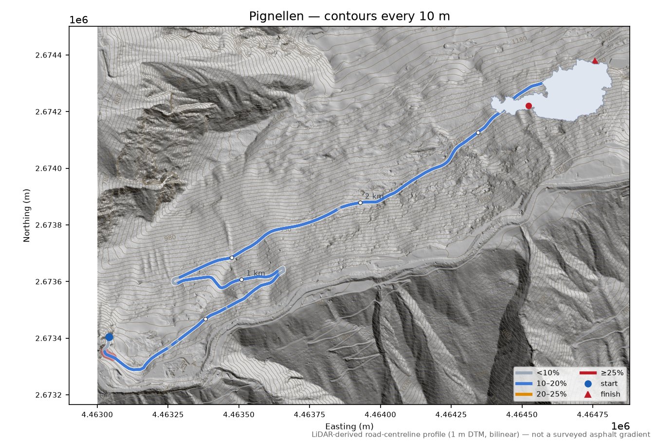 Pignellen LiDAR hillshade map with contours