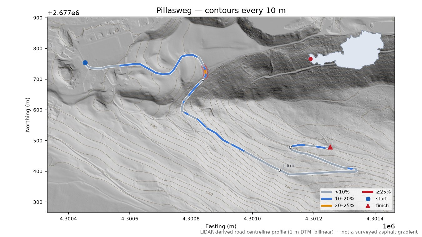 Pillasweg LiDAR hillshade map with contours