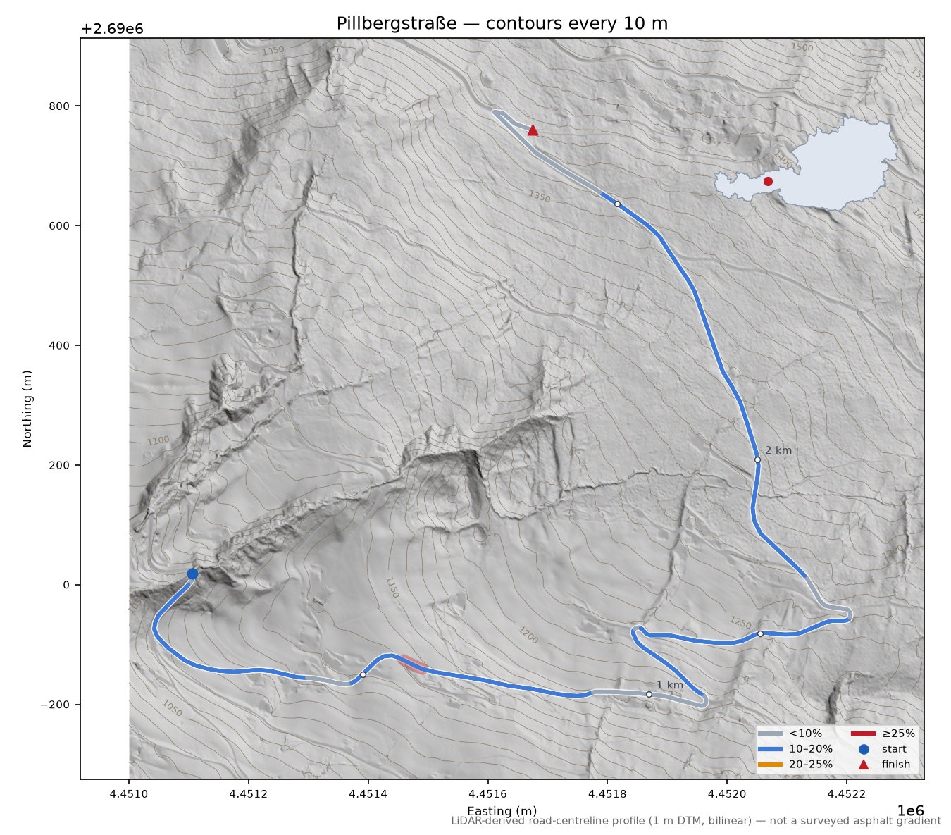 Pillbergstraße LiDAR hillshade map with contours