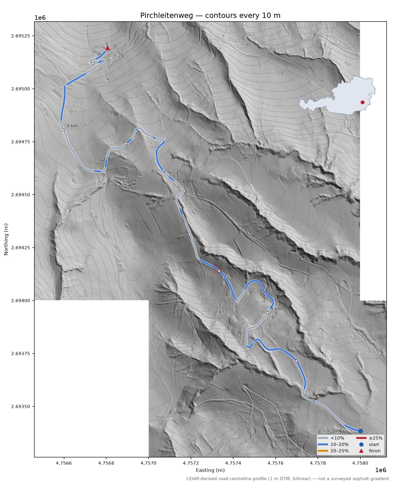 Pirchleitenweg LiDAR hillshade map with contours
