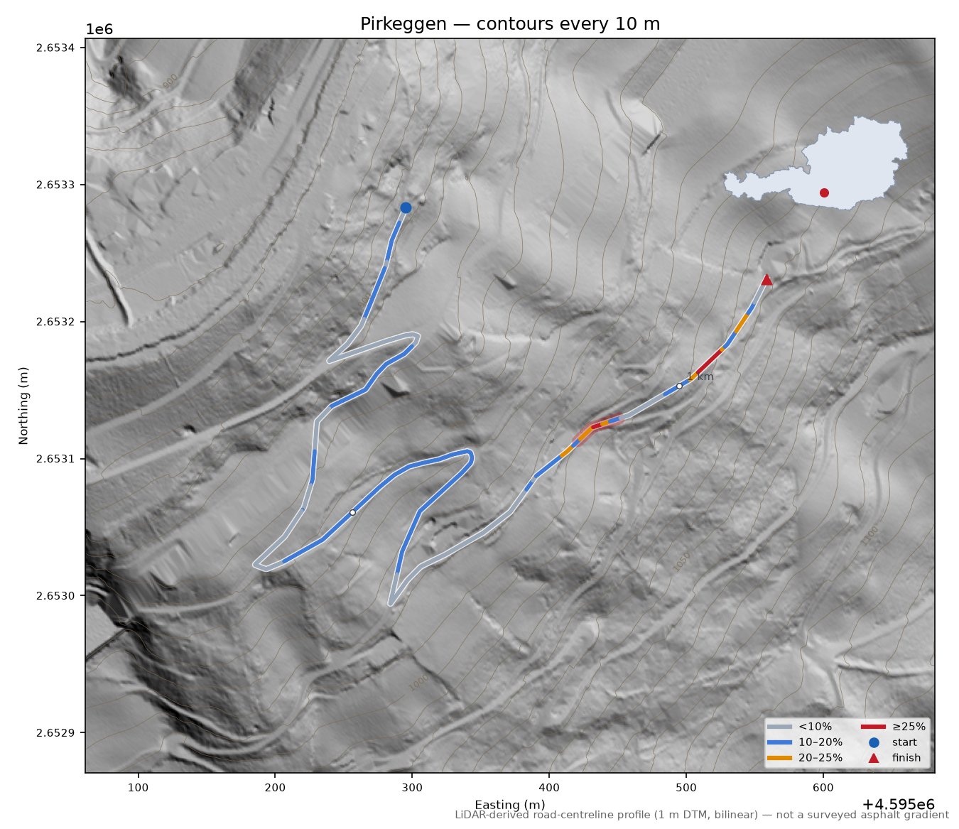 Pirkeggen LiDAR hillshade map with contours