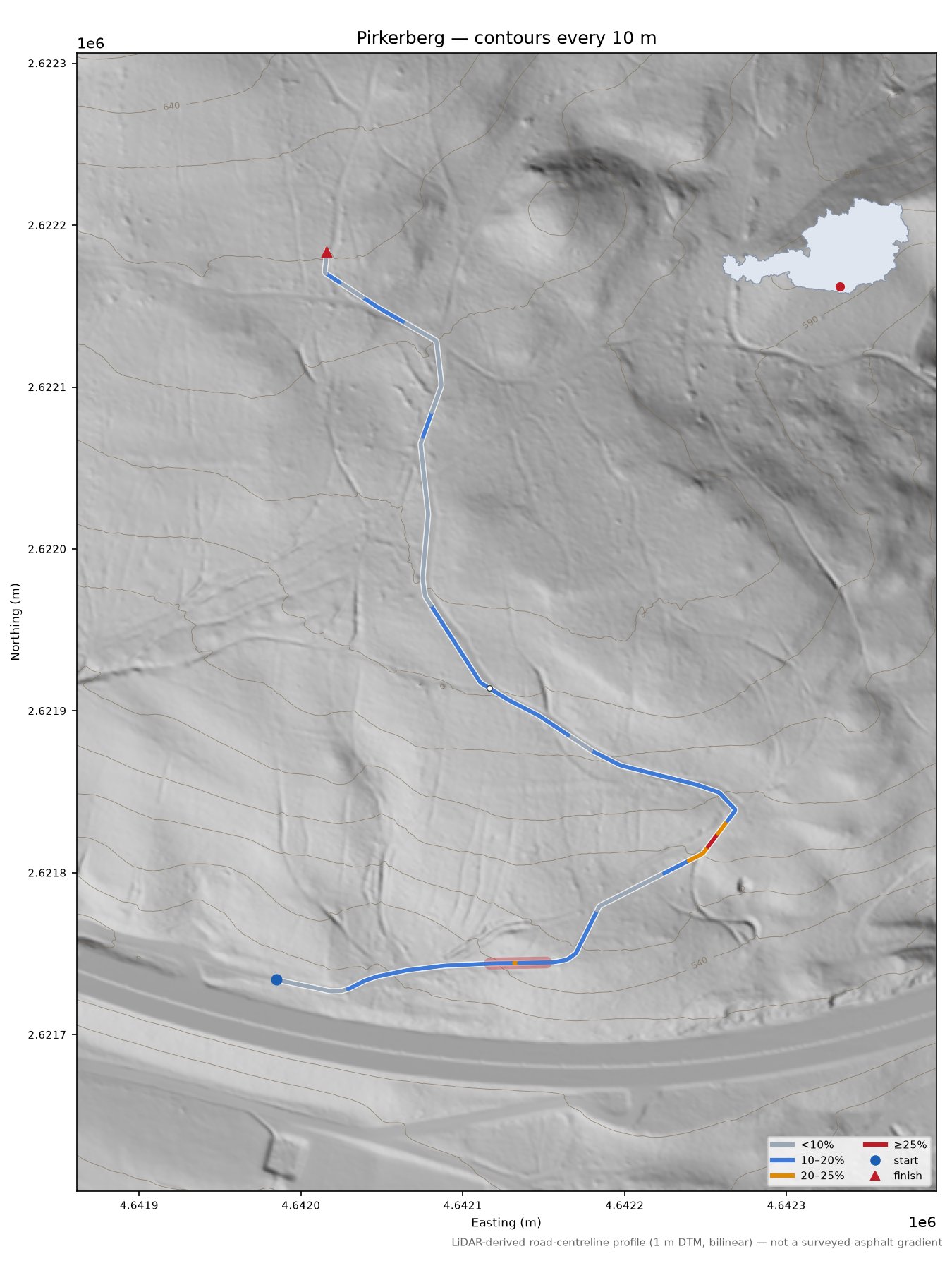 Pirkerberg LiDAR hillshade map with contours