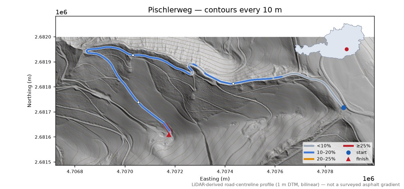 Pischlerweg LiDAR hillshade map with contours