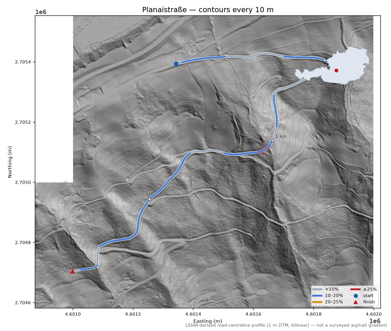 Planaistraße LiDAR hillshade map with contours