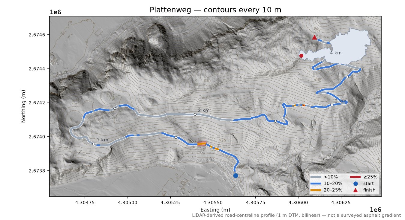 Plattenweg LiDAR hillshade map with contours