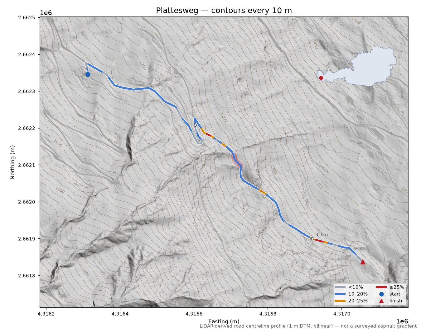 Plattesweg LiDAR hillshade map with contours