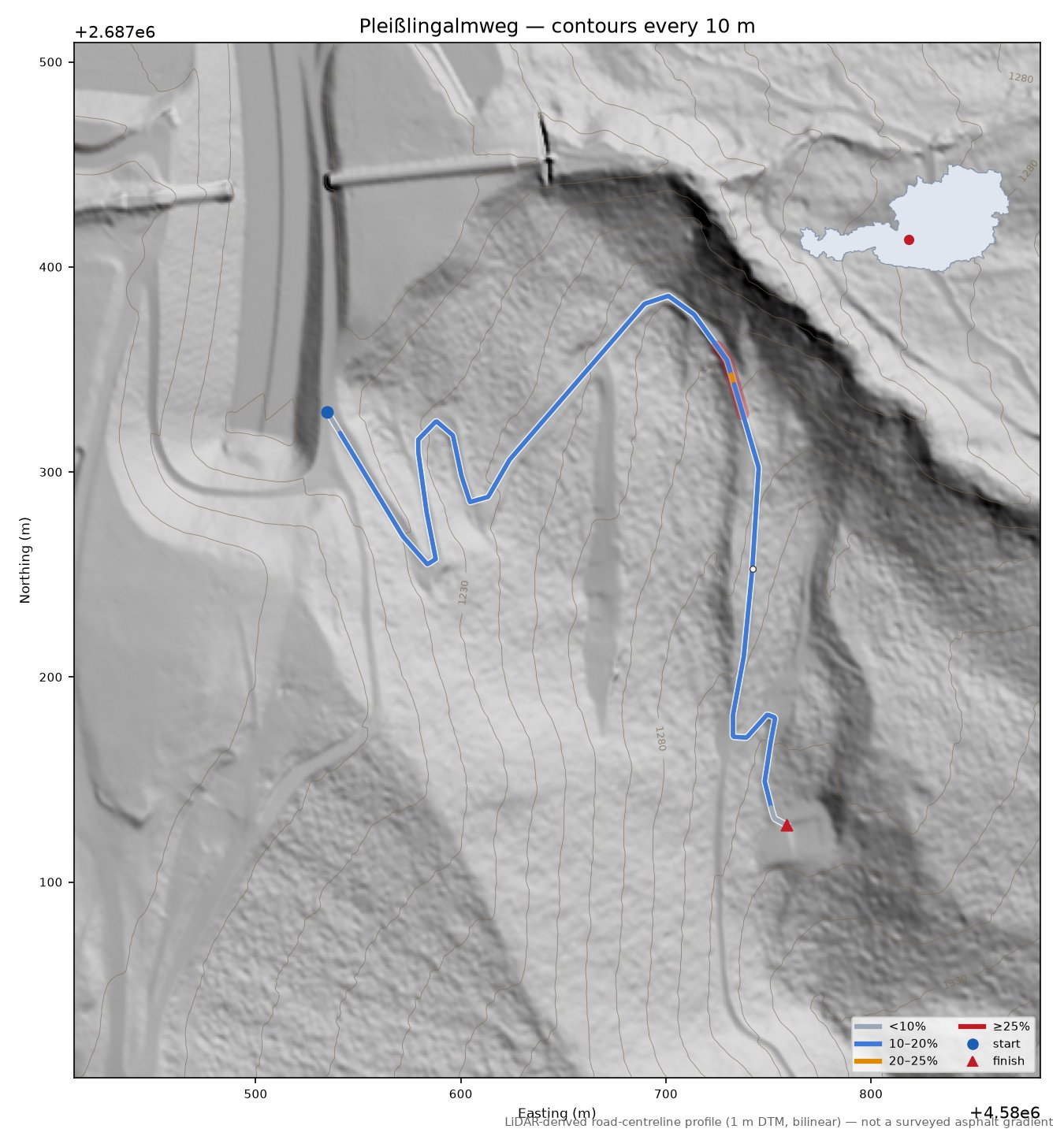 Pleißlingalmweg LiDAR hillshade map with contours