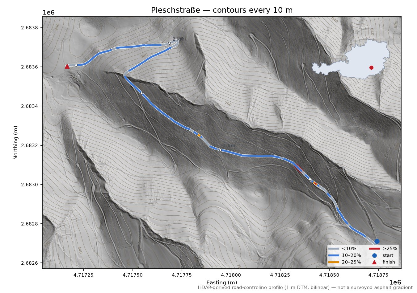 Pleschstraße LiDAR hillshade map with contours