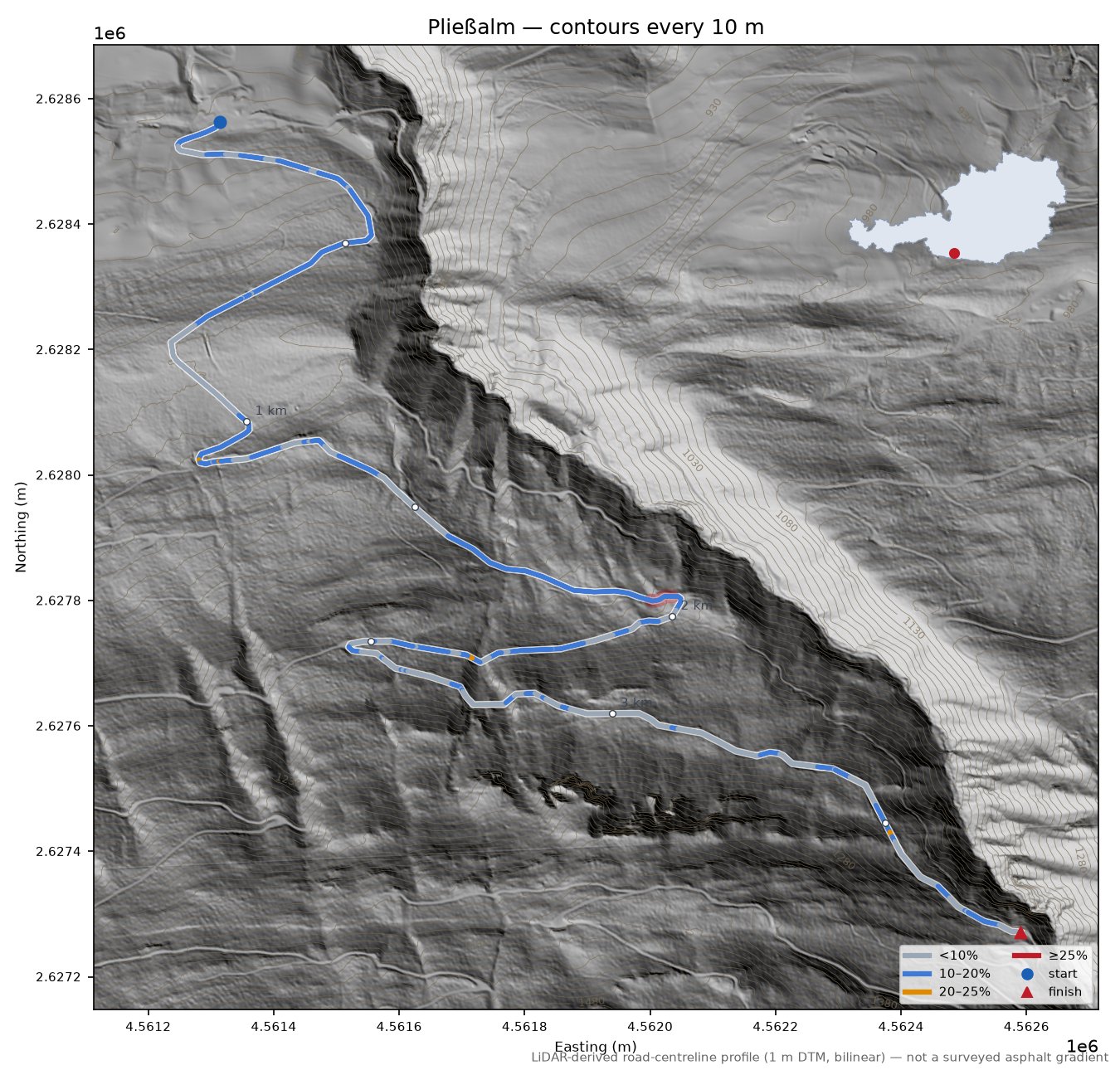 Pließalm LiDAR hillshade map with contours