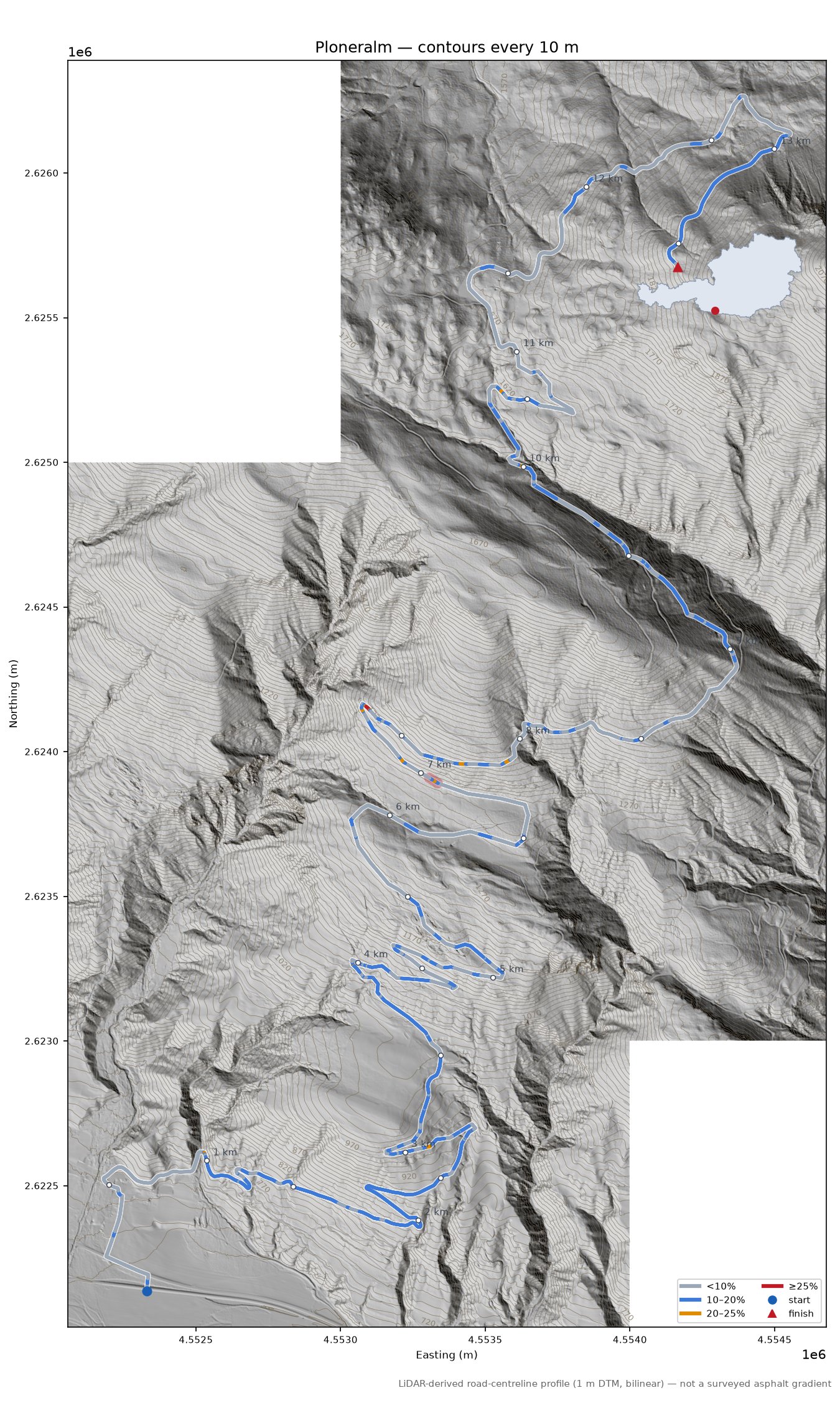 Ploneralm LiDAR hillshade map with contours