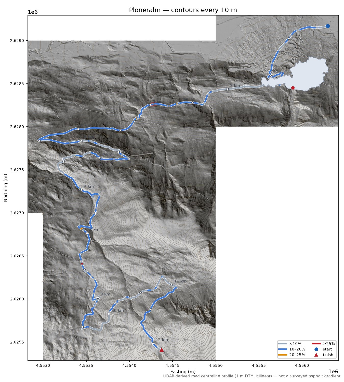 Ploneralm LiDAR hillshade map with contours