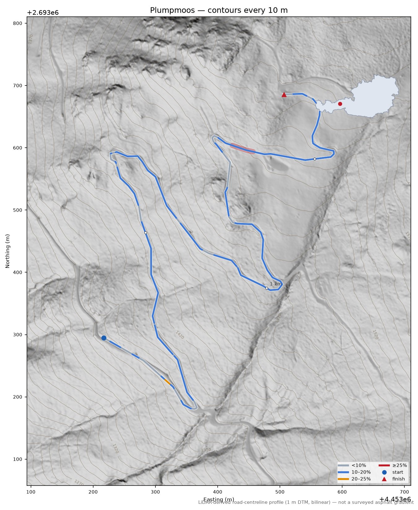 Plumpmoos LiDAR hillshade map with contours