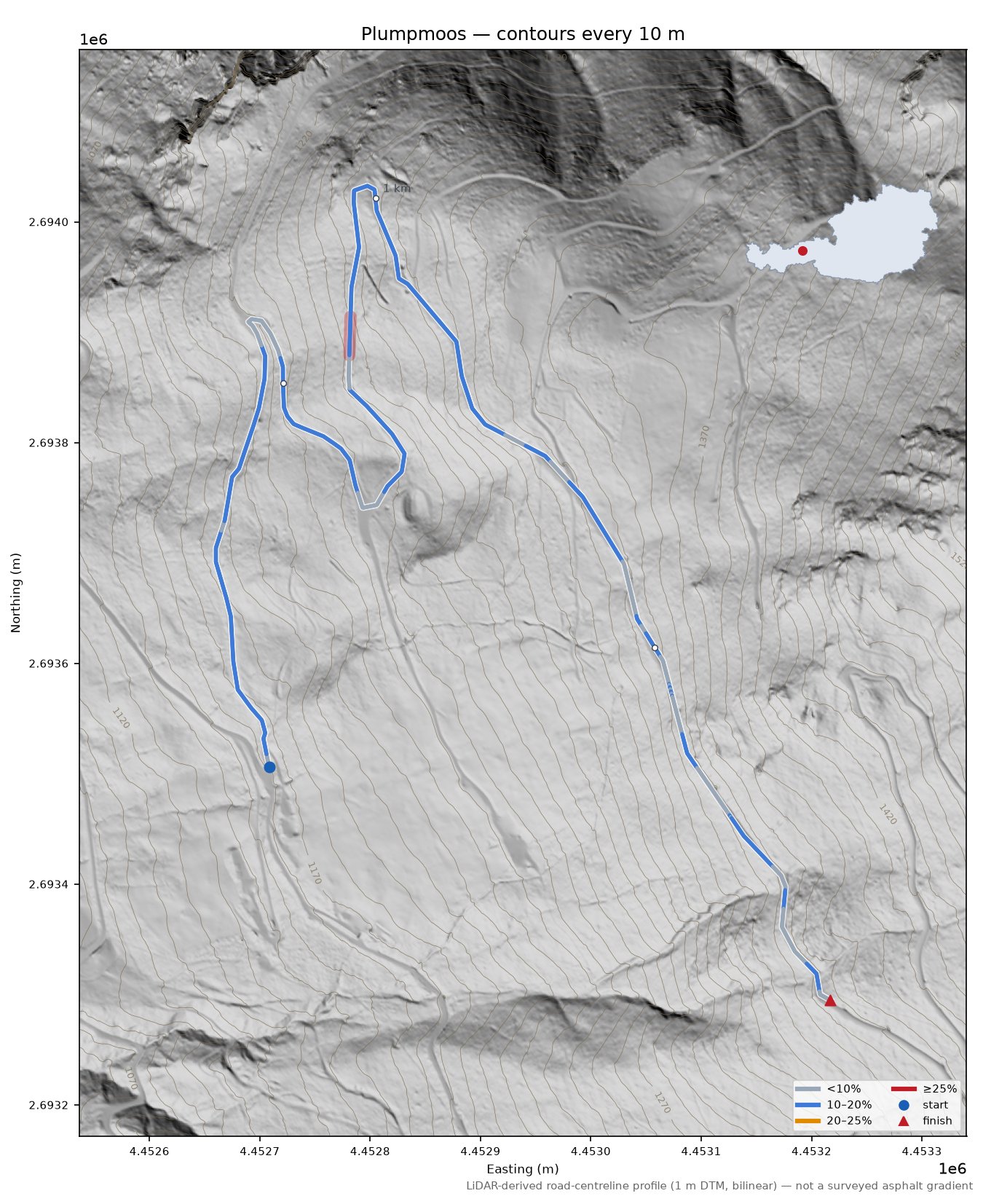 Plumpmoos LiDAR hillshade map with contours
