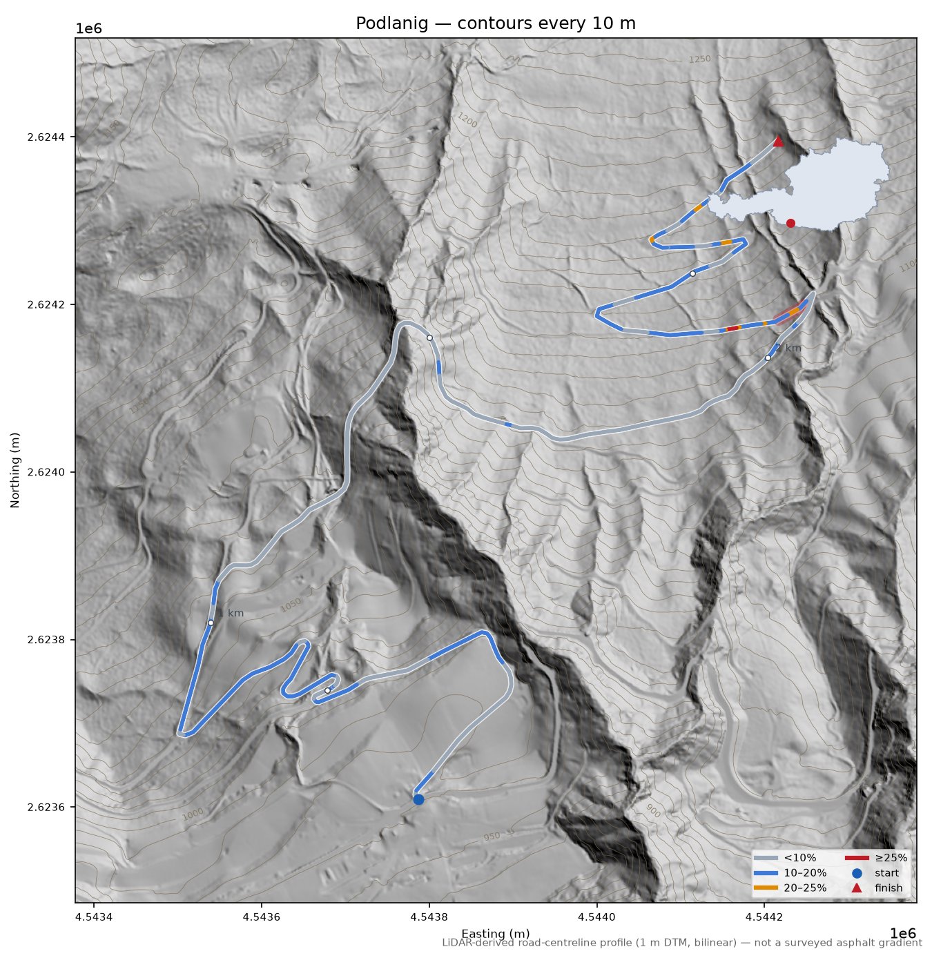 Podlanig LiDAR hillshade map with contours