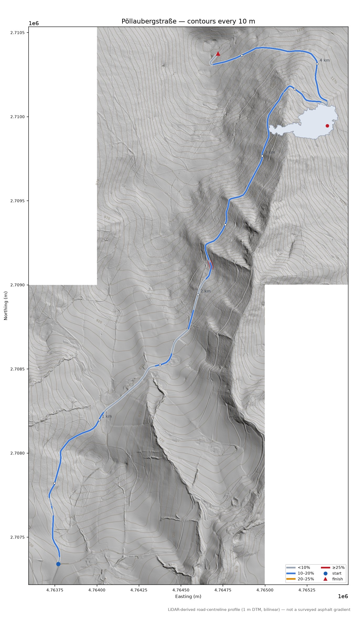 Pöllaubergstraße LiDAR hillshade map with contours
