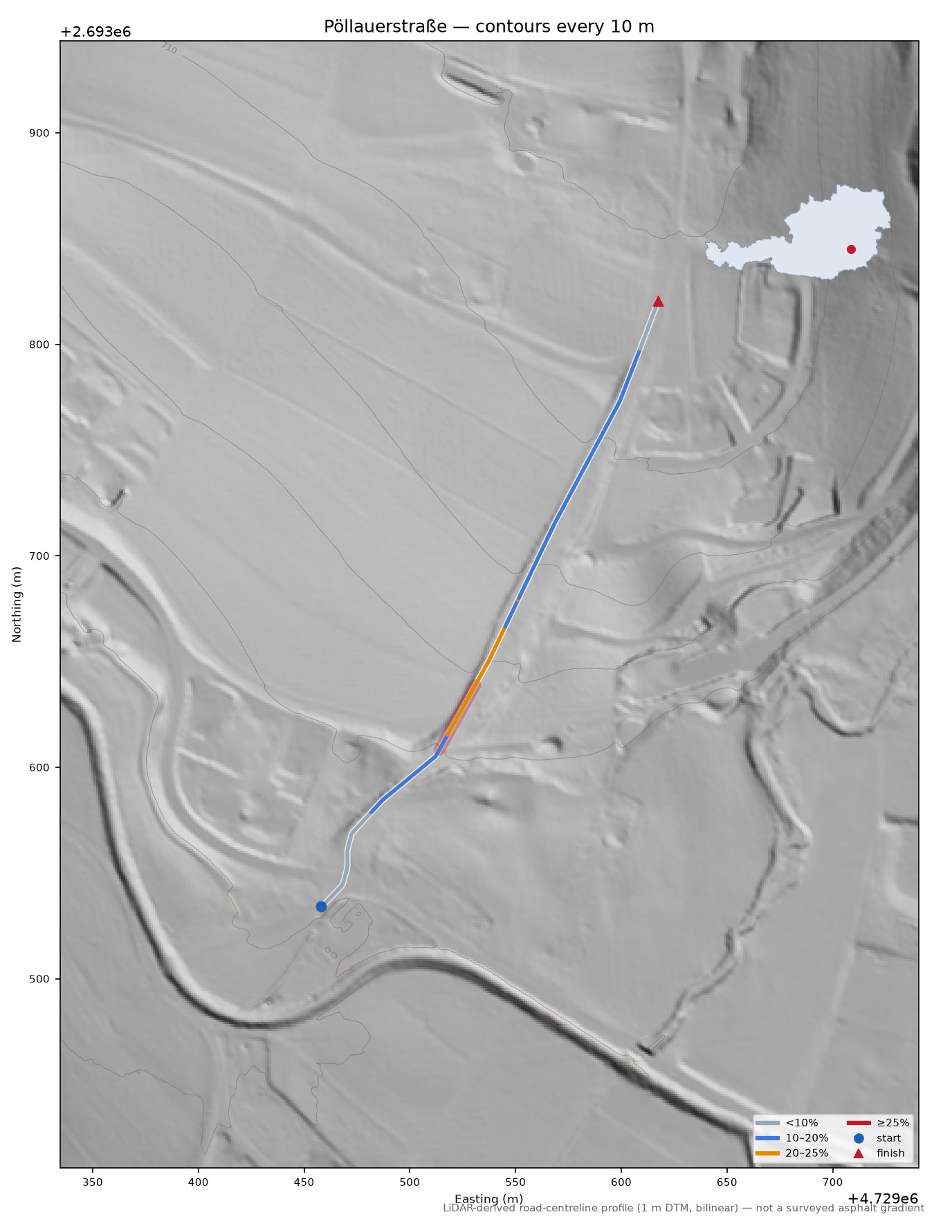 Pöllauerstraße LiDAR hillshade map with contours