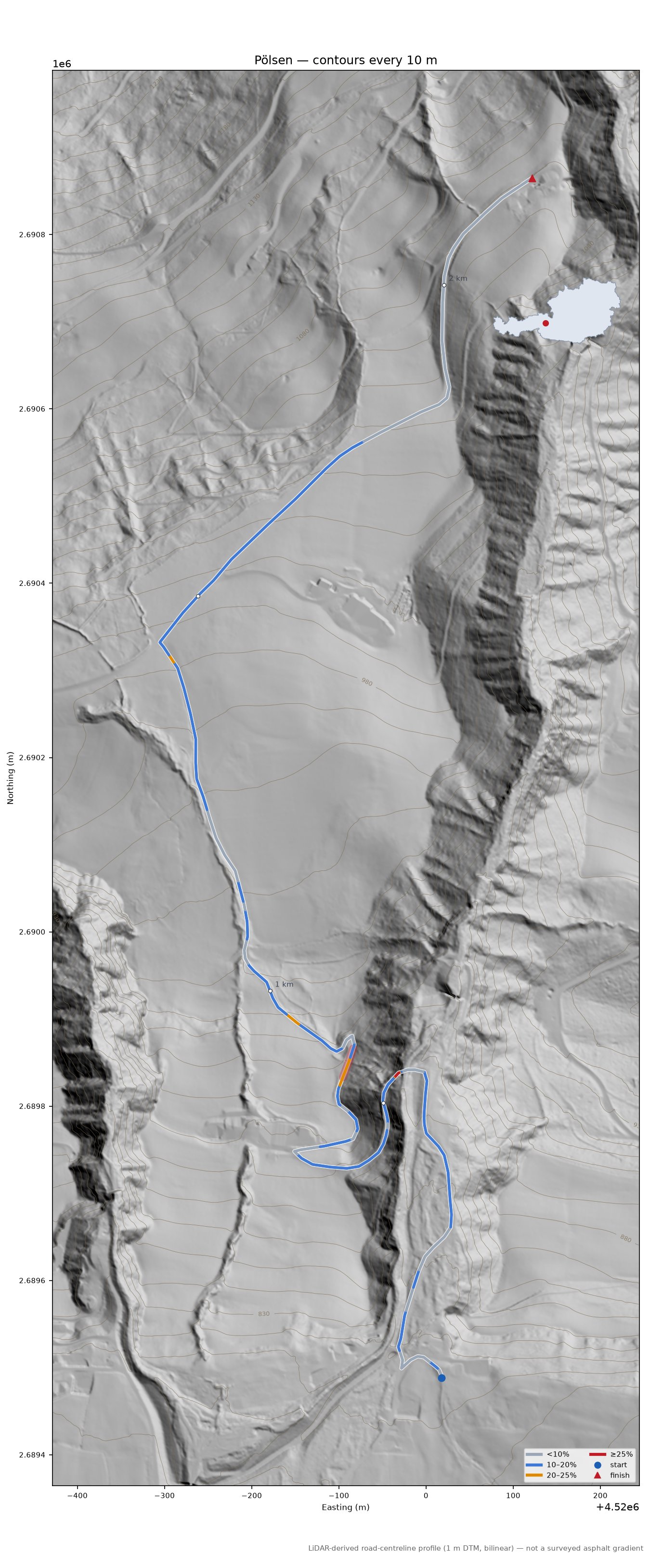 Pölsen LiDAR hillshade map with contours